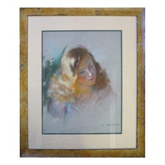 Midcentury French Pastel on Paper of a Young Girl Signed A. Genta