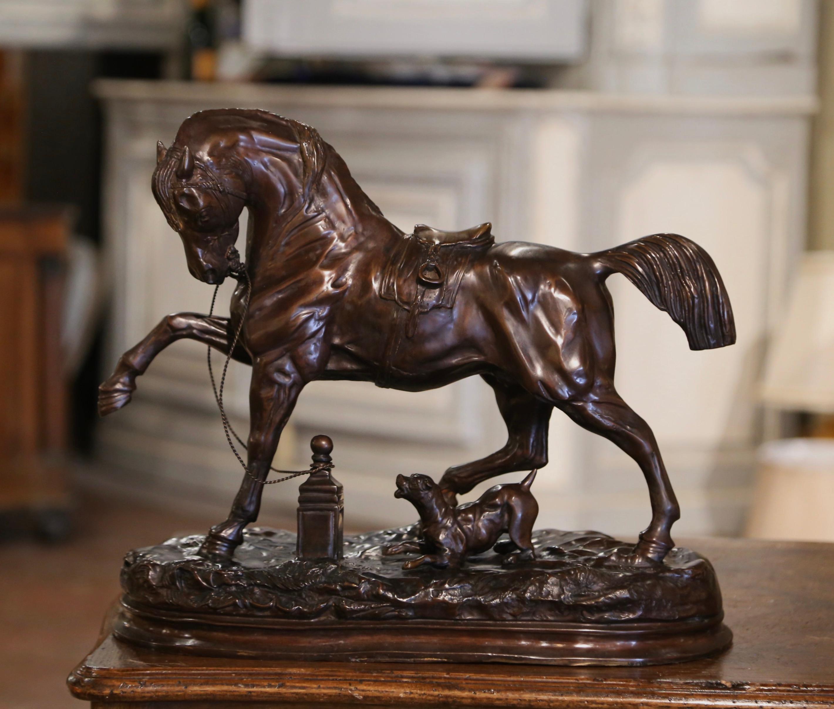 Decorate an office or study with this beautiful horse sculpture. Created in France circa 1950 and attributed to Pierre Lenordez, the composition depicts an elegant tethered Arabian stallion named 