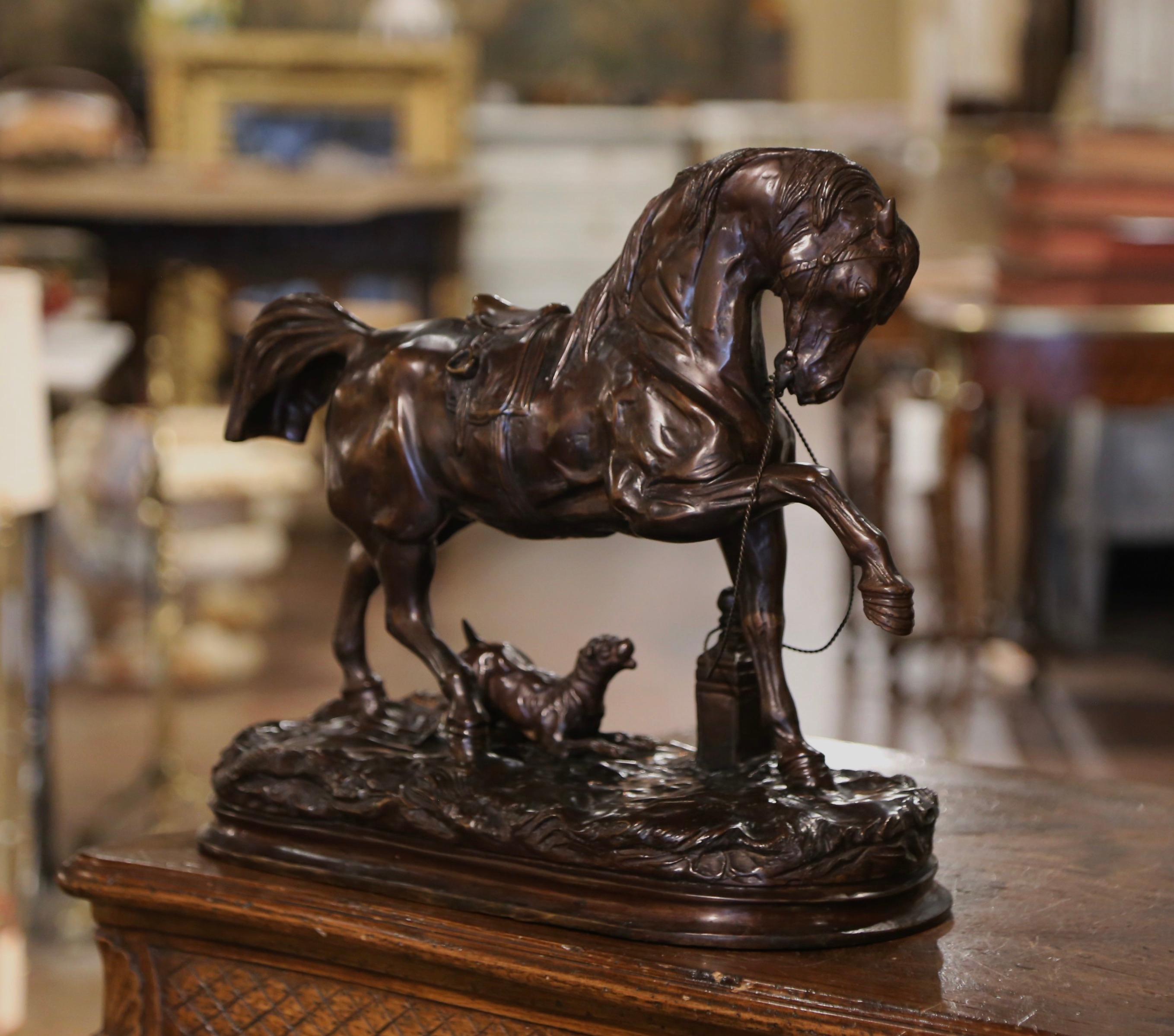 Hand-Crafted Mid-Century French Patinated Bronze Horse Sculpture After Pierre Lenordez For Sale