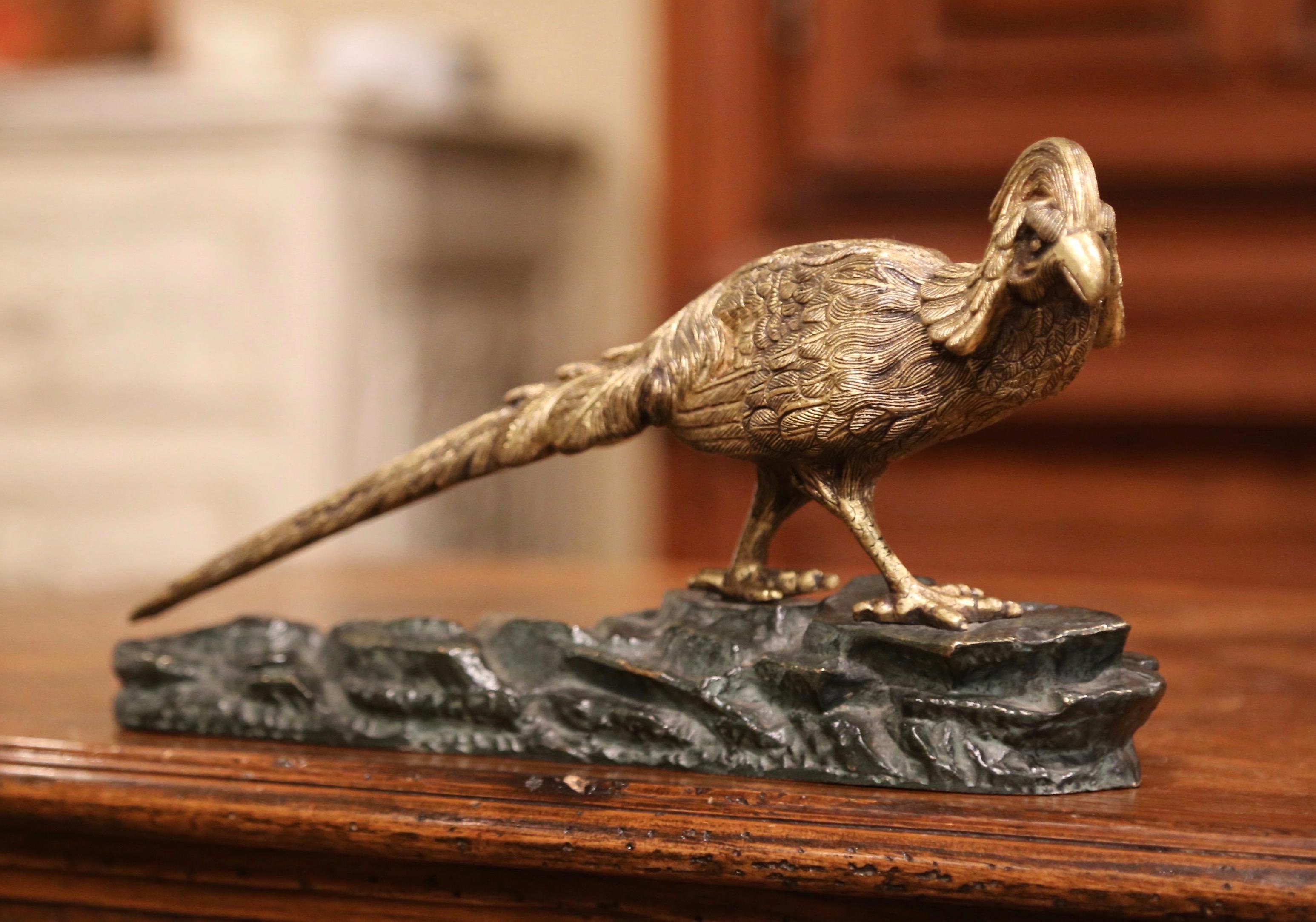 Accessorize a man's office or desk with this elegant antique bronze figure. Crafted in France circa 1950, the sculpture features a pheasant with long tail standing on rocky grounds. The bird figure is in excellent condition with a two tone patinated