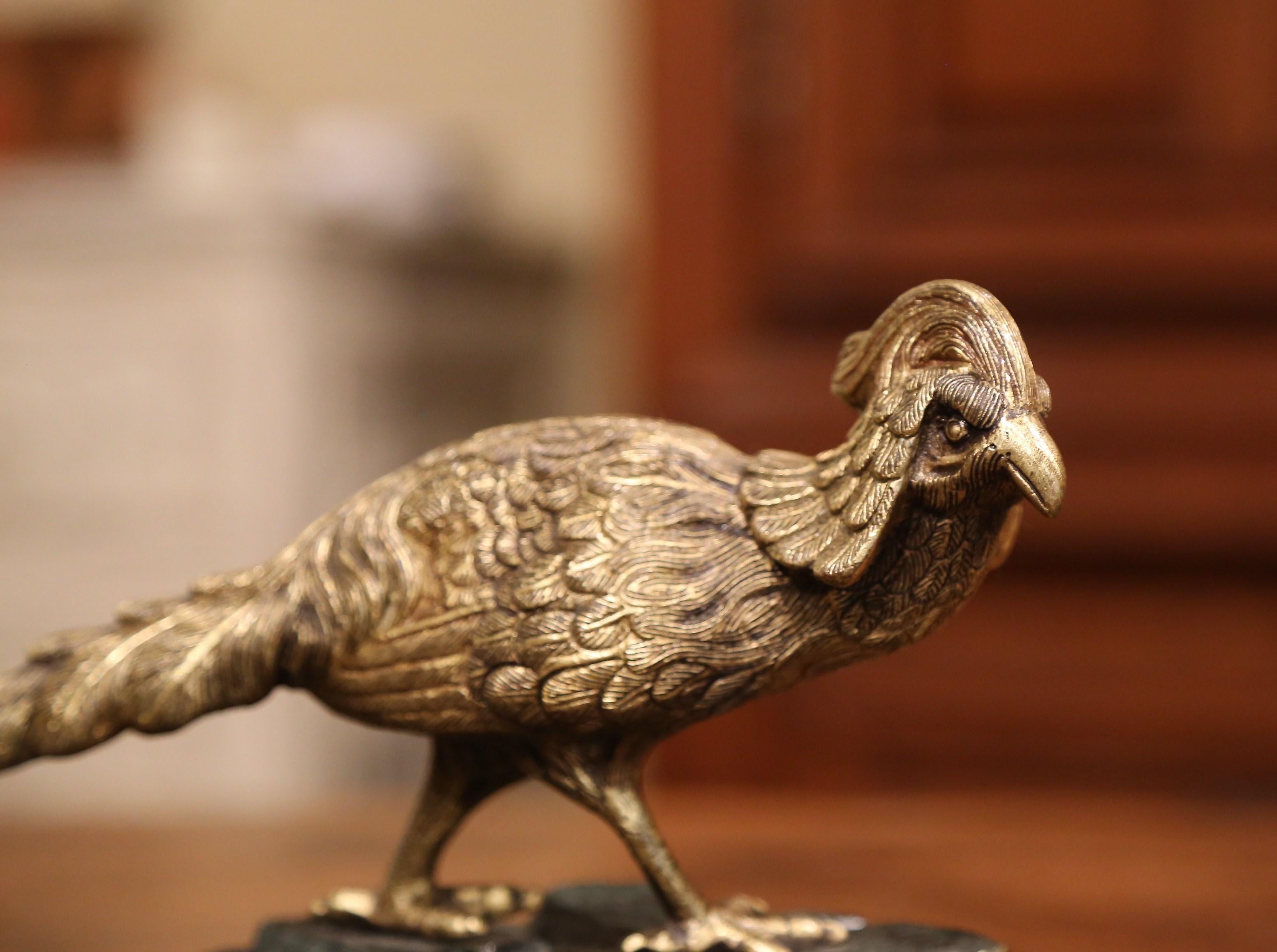 Midcentury French Patinated Bronze Pheasant Sculpture on Rocky Base In Excellent Condition For Sale In Dallas, TX