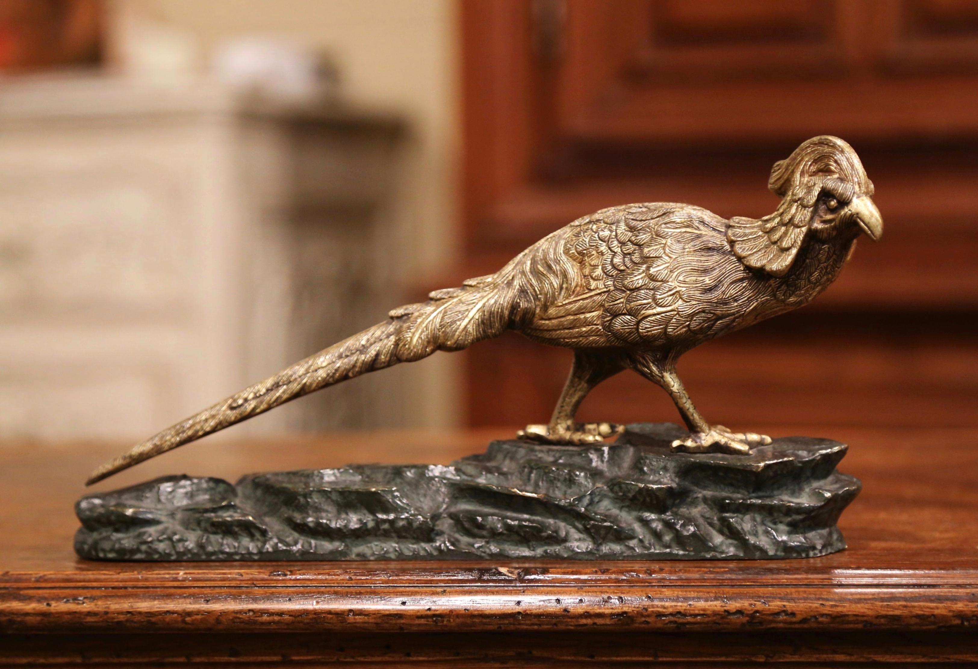 20th Century Midcentury French Patinated Bronze Pheasant Sculpture on Rocky Base For Sale