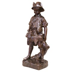Mid-Century French Patinated Bronze Sculpture of a Young Hunter with Hare