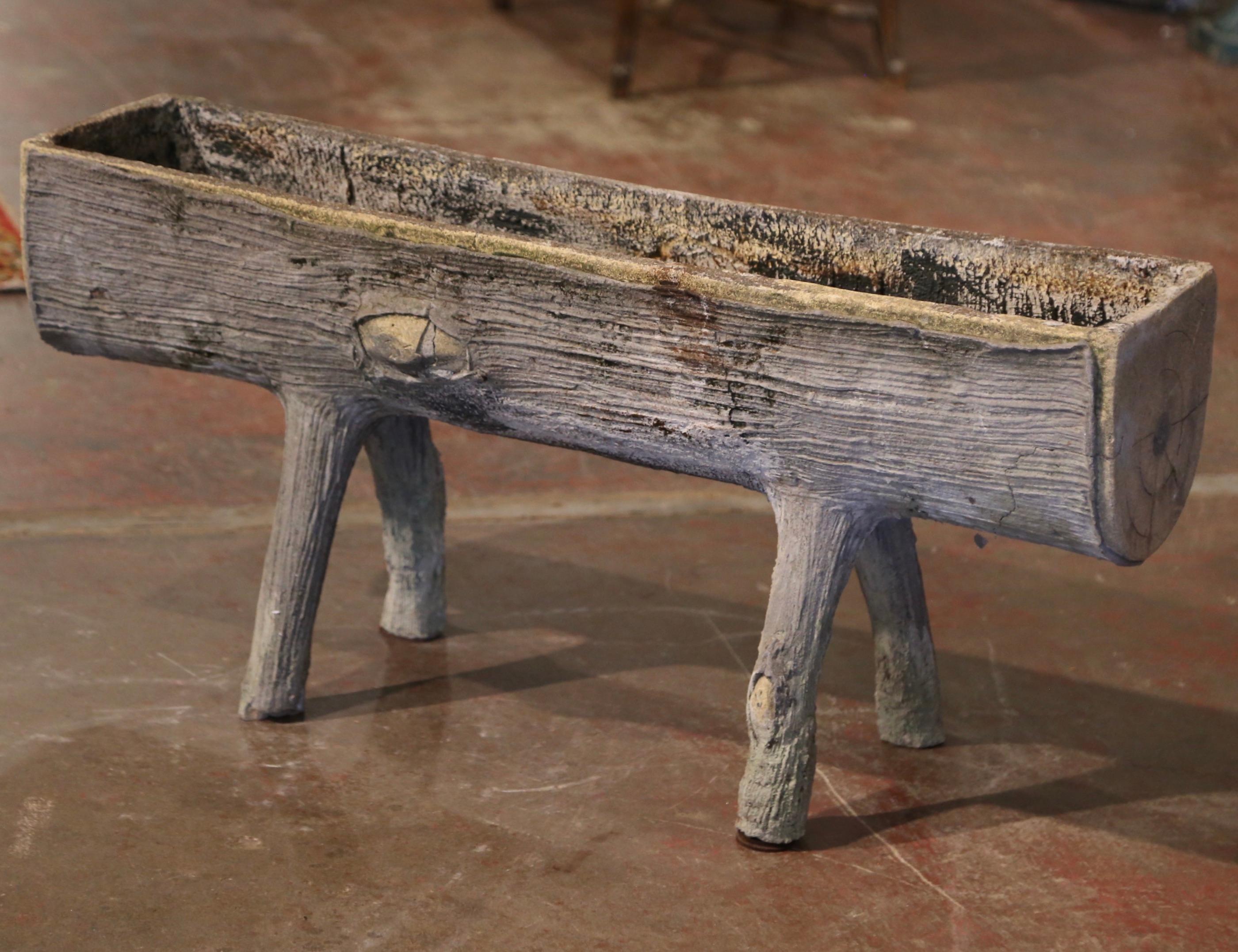 Iron Mid-Century French Patinated Concrete Faux Bois Split-Log Planter on Legs For Sale