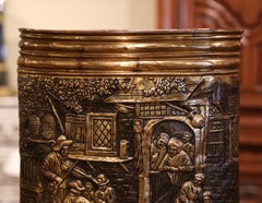 Midcentury French Patinated Repousse Copper Basket with Pastoral Scene
