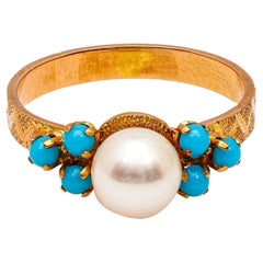 Mid Century French Pearl Turquoise 18k Rose Gold Ring