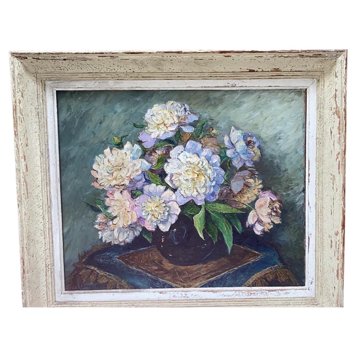 Mid-Century Französisch Pfingstrosen Ölgemälde Stillleben.
Signiert A. Bonquet, datiert 1948.
Lavendelfarben.
30 Zoll B x 24 Zoll H