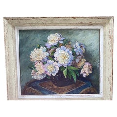 Mid-Century French Peonies Oil Painting Still Life Circa 1948