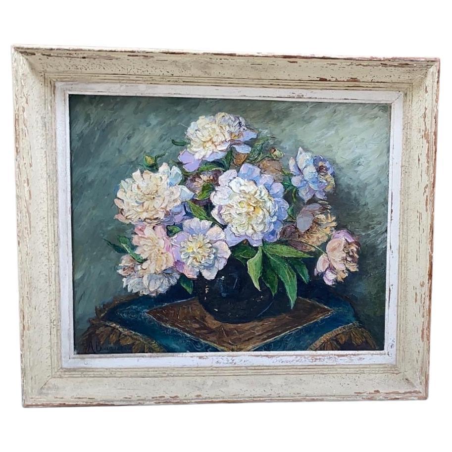 Pittura a olio di Peonie francese di metà secolo, Natura morta del 1948 circa