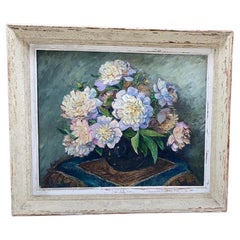 Mid-Century French Peonies Oil Painting Still Life Circa 1948