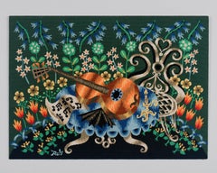 Mid Century French Petit Point Tapestry Still Life with Guitar