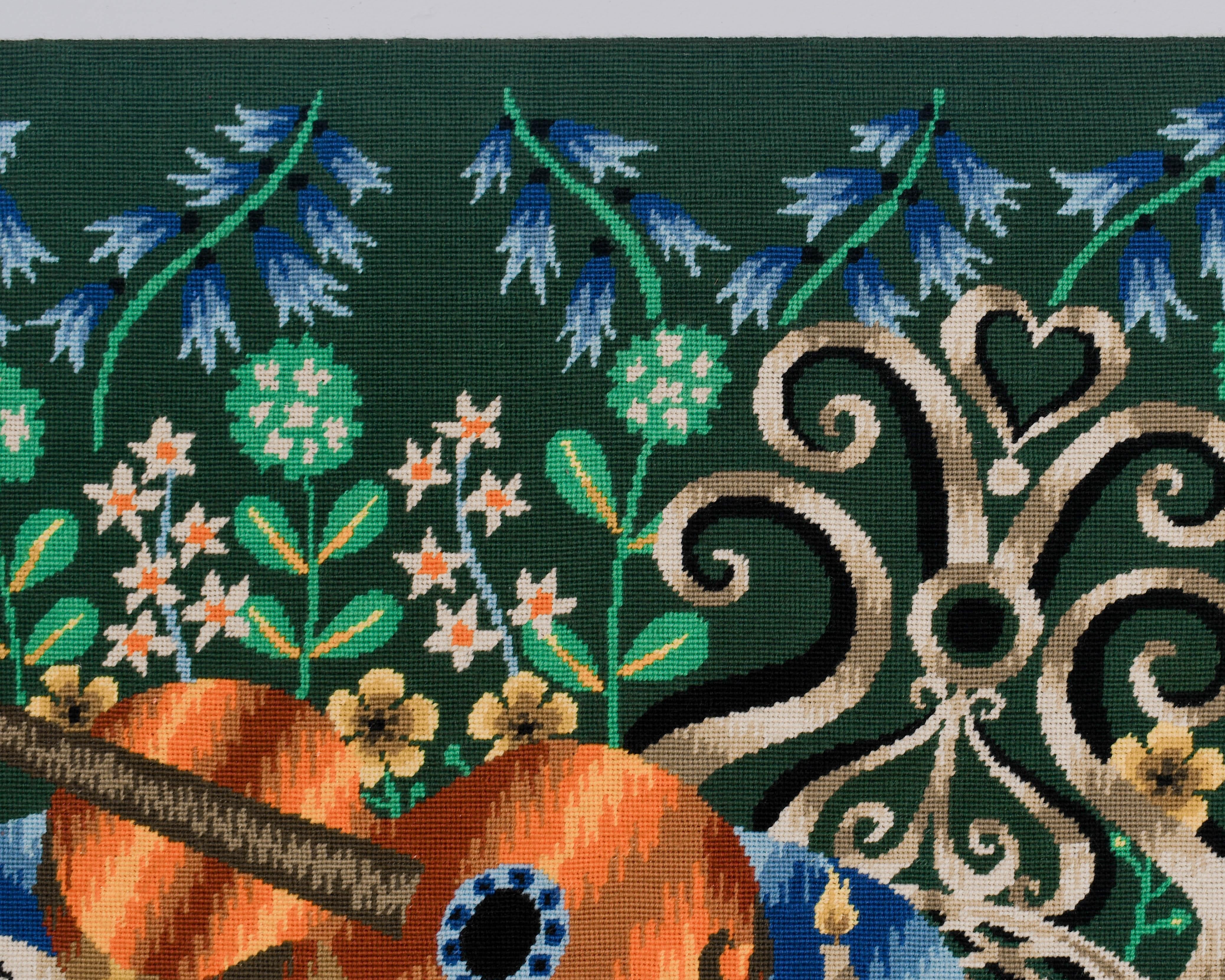 Mid Century French Petit Point Tapestry Still Life with Guitar In Good Condition For Sale In Winter Park, FL