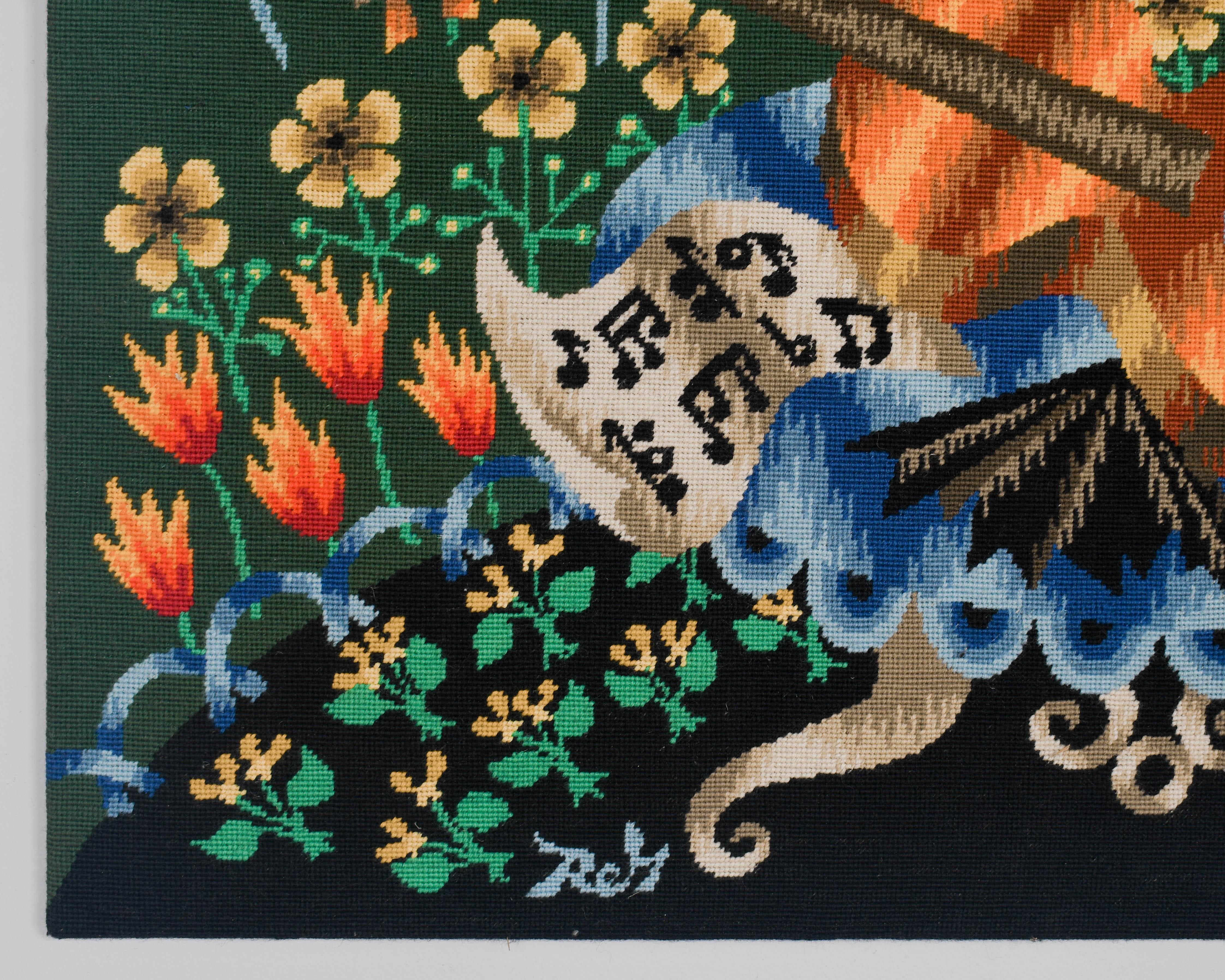 Wool Mid Century French Petit Point Tapestry Still Life with Guitar For Sale