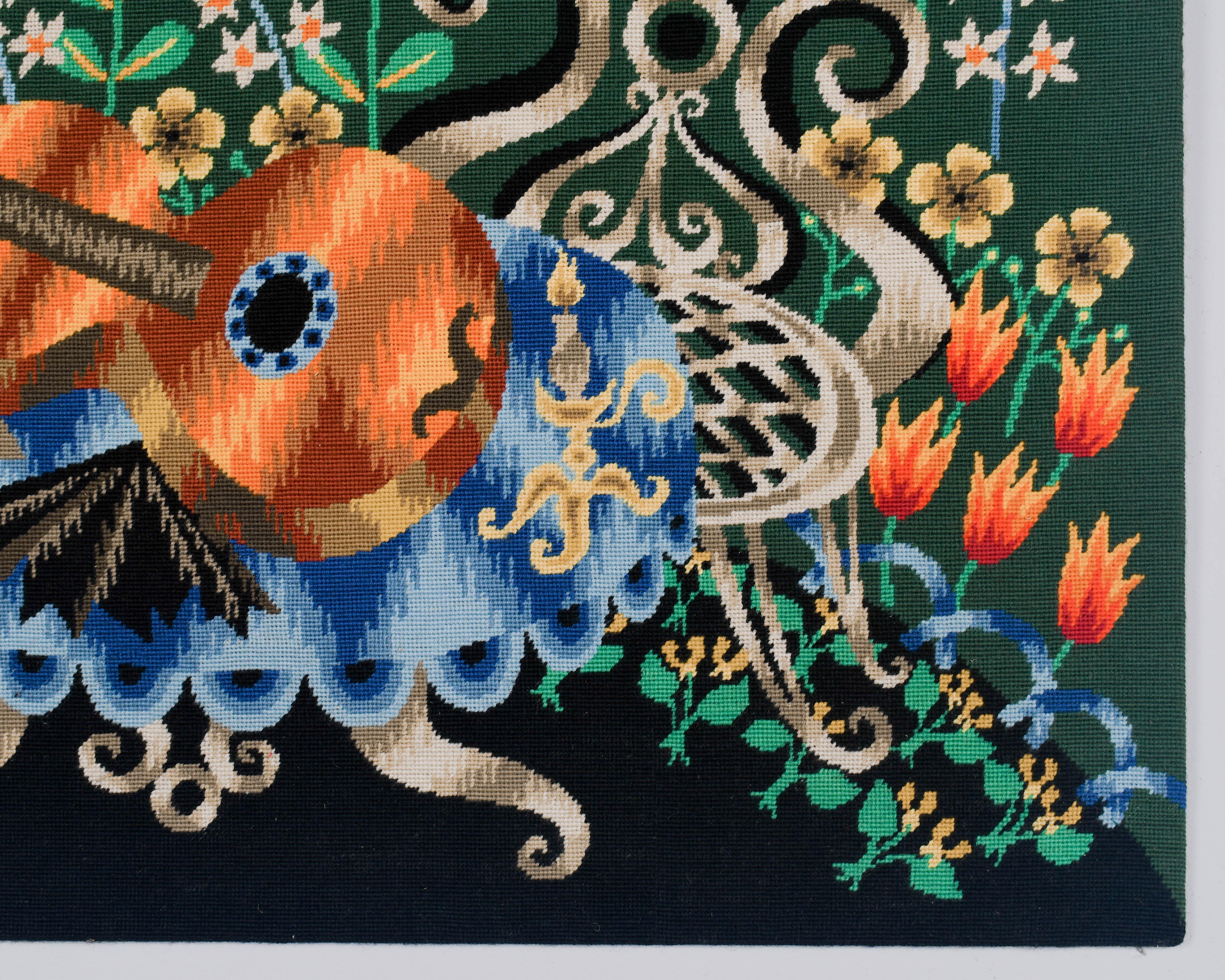 Mid Century French Petit Point Tapestry Still Life with Guitar For Sale 1