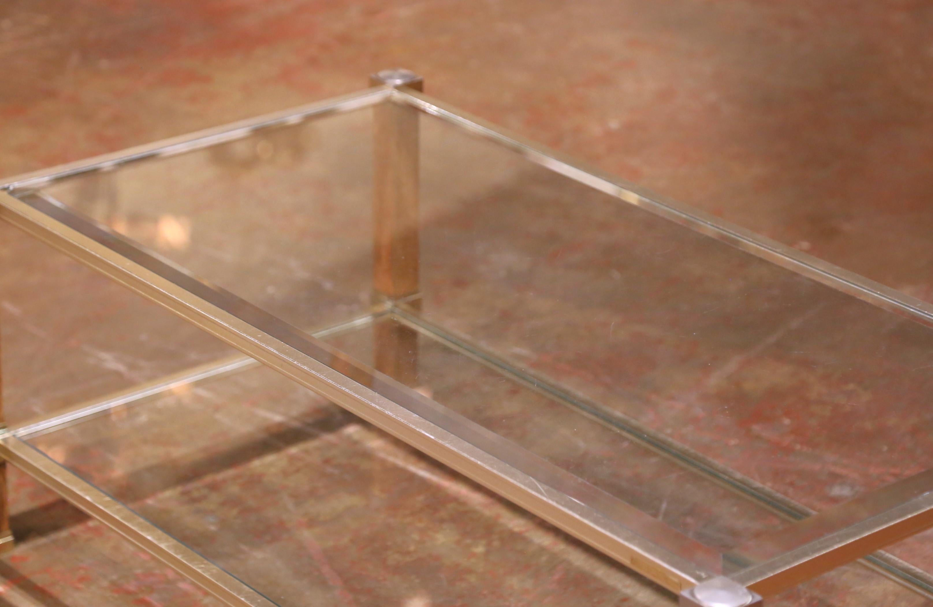 Gilt Mid-Century French Pierre Vandel Beveled Glass, Lucite and Brass Coffee Table For Sale