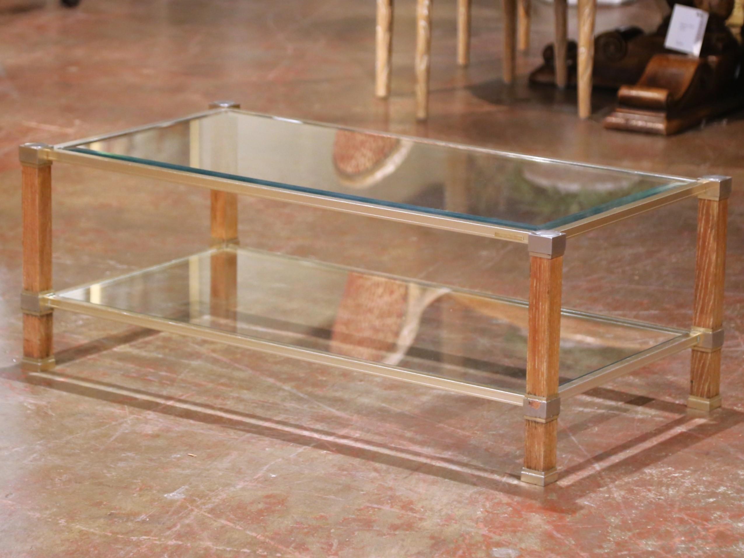 20th Century Mid-Century French Pierre Vandel Beveled Glass, Lucite and Brass Coffee Table For Sale