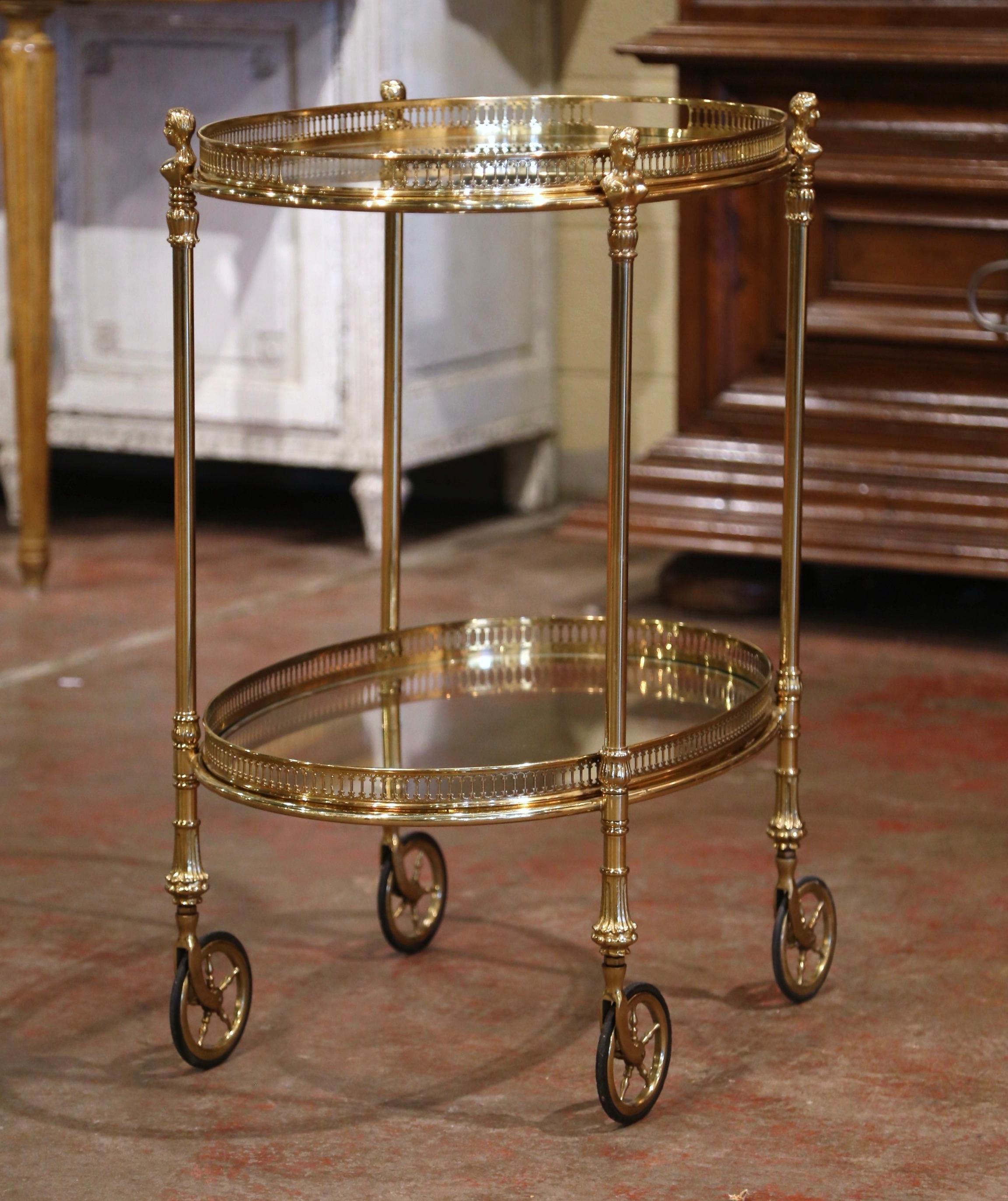 Midcentury French Polished Brass Dessert Table or Bar Cart on Rubber Wheels 3
