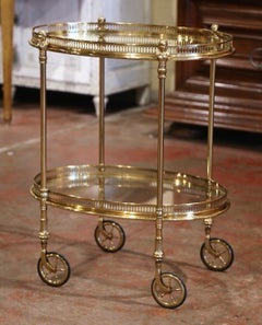 Midcentury French Polished Brass Dessert Table or Bar Cart on Rubber Wheels