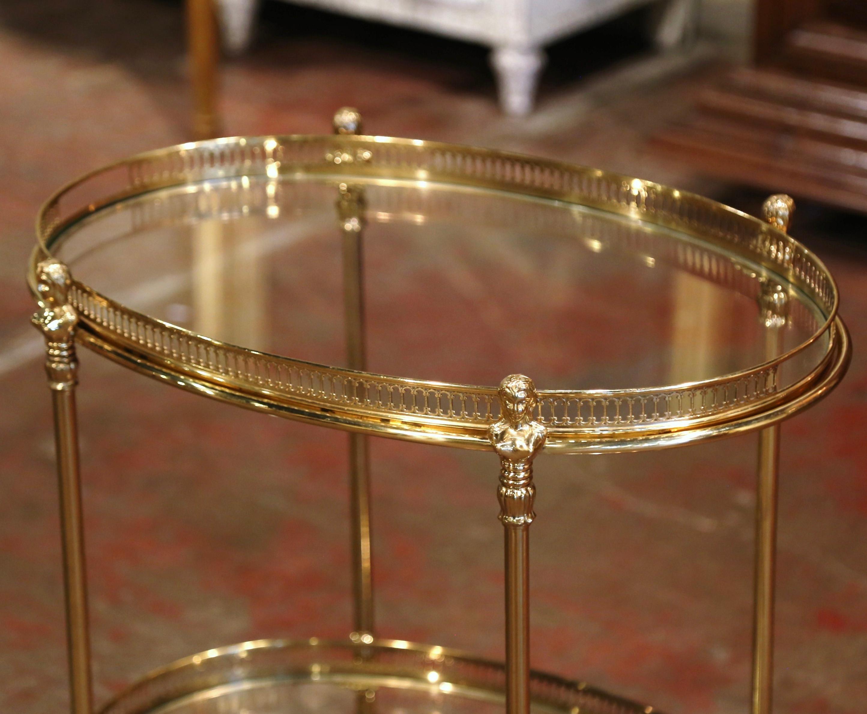 Art Deco Midcentury French Polished Brass Dessert Table or Bar Cart on Rubber Wheels