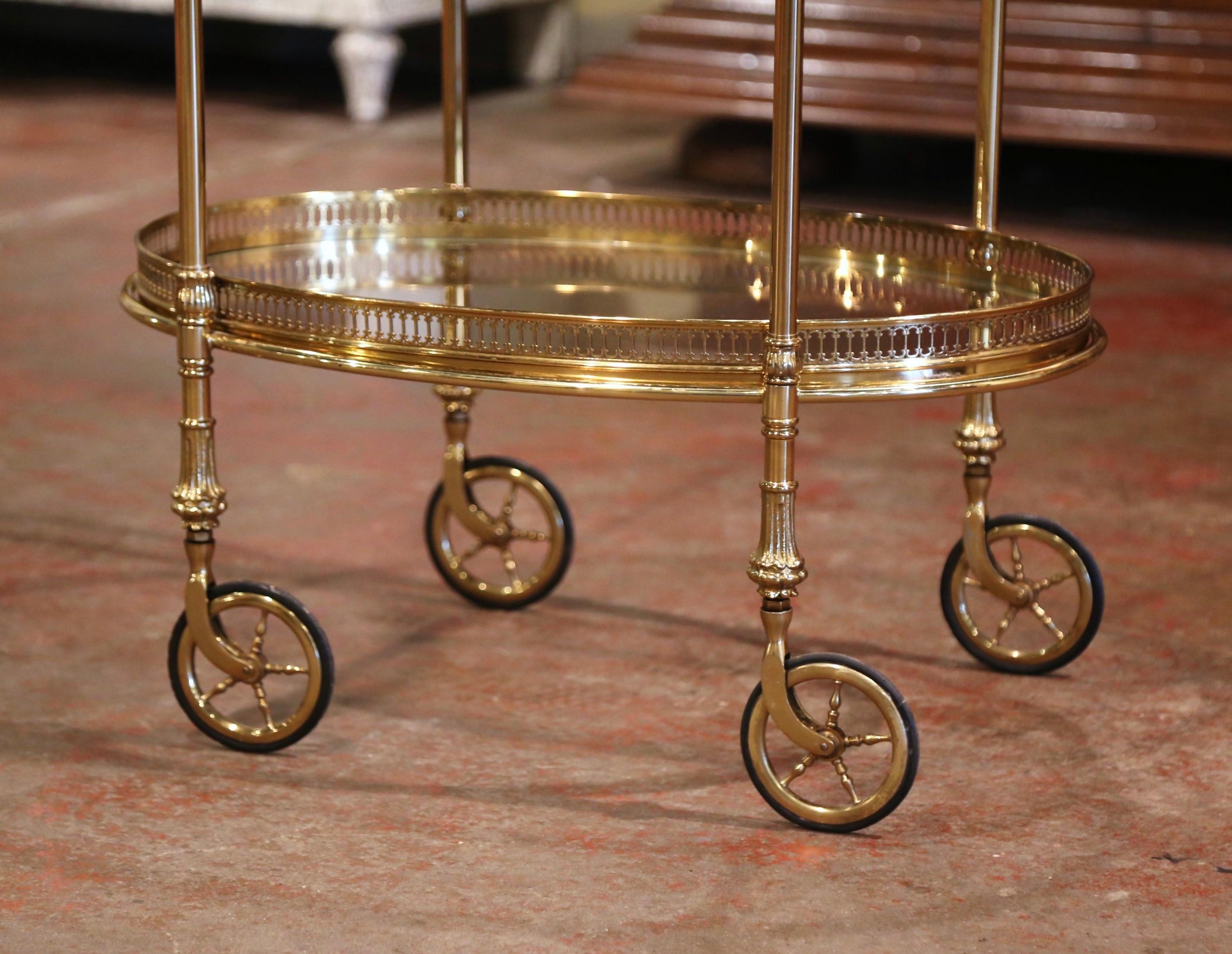 20th Century Midcentury French Polished Brass Dessert Table or Bar Cart on Rubber Wheels