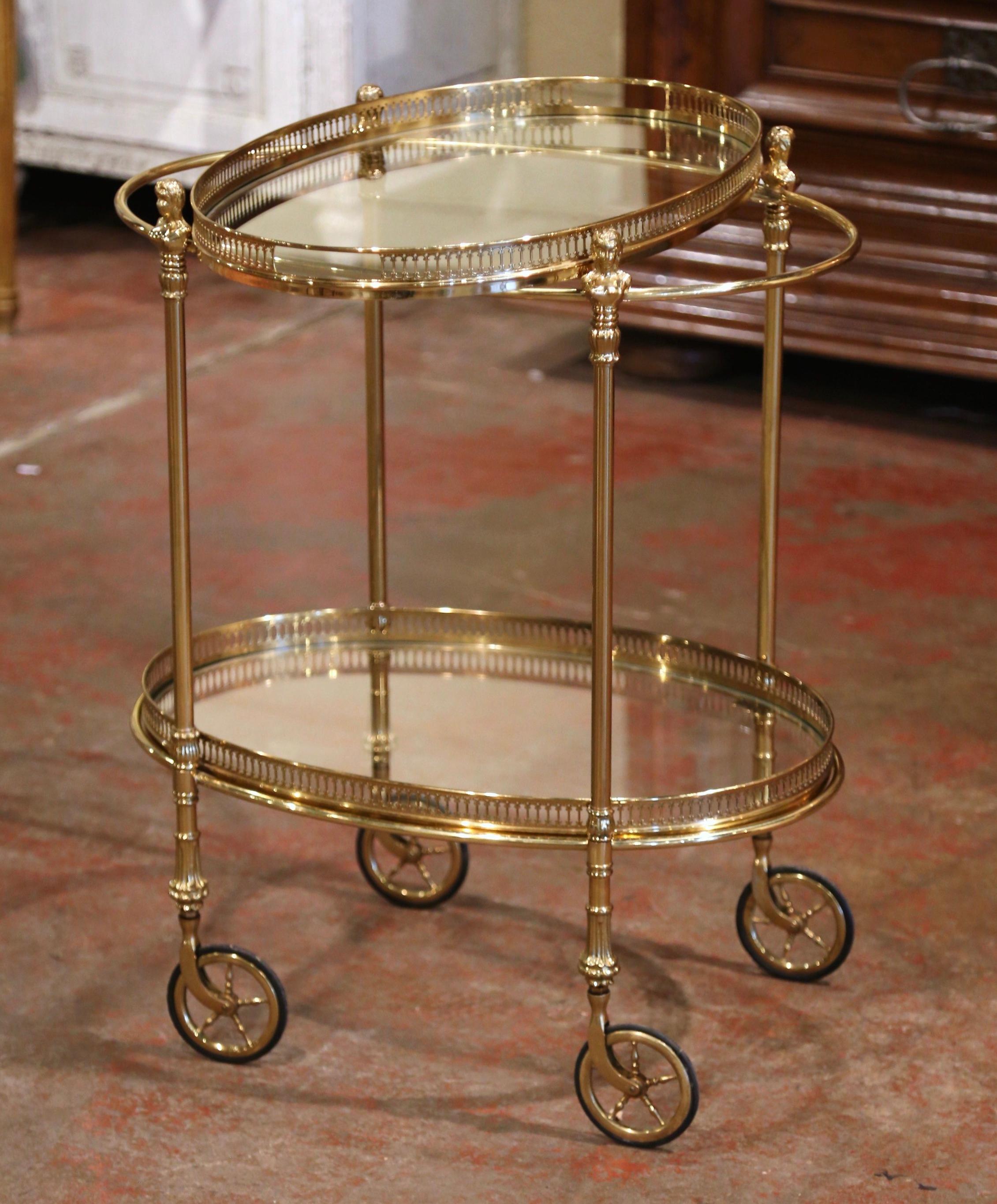 Midcentury French Polished Brass Dessert Table or Bar Cart on Rubber Wheels 1