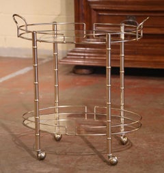Mid-Century French Polished Brass Two-Tier Service Bar Cart Bagues Style