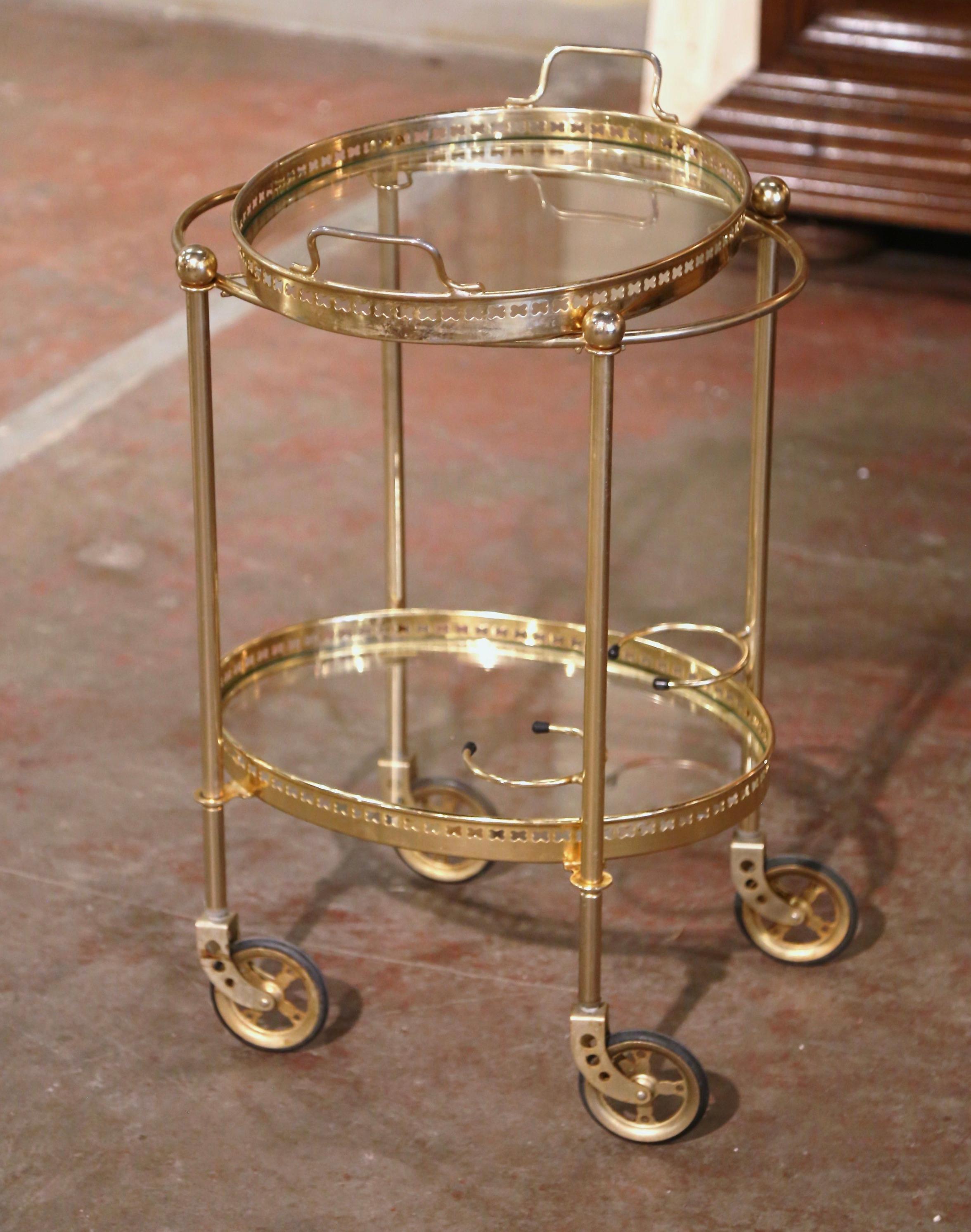 Mid-Century French Polished Brass Two-Tier Service Bar Cart on Wheels 3