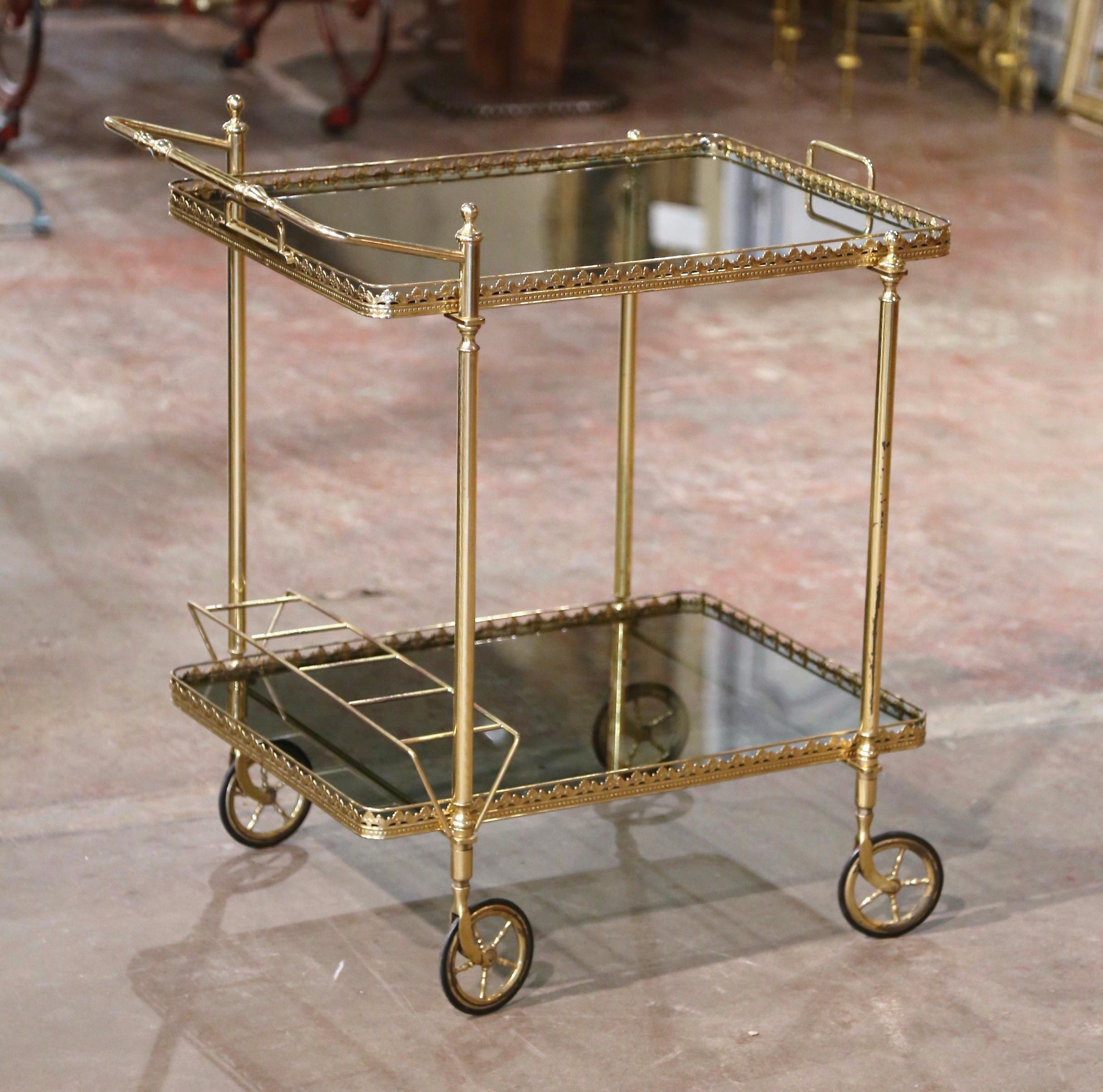 Mid-Century French Polished Brass Two-Tier Service Bar Cart on Wheels 4