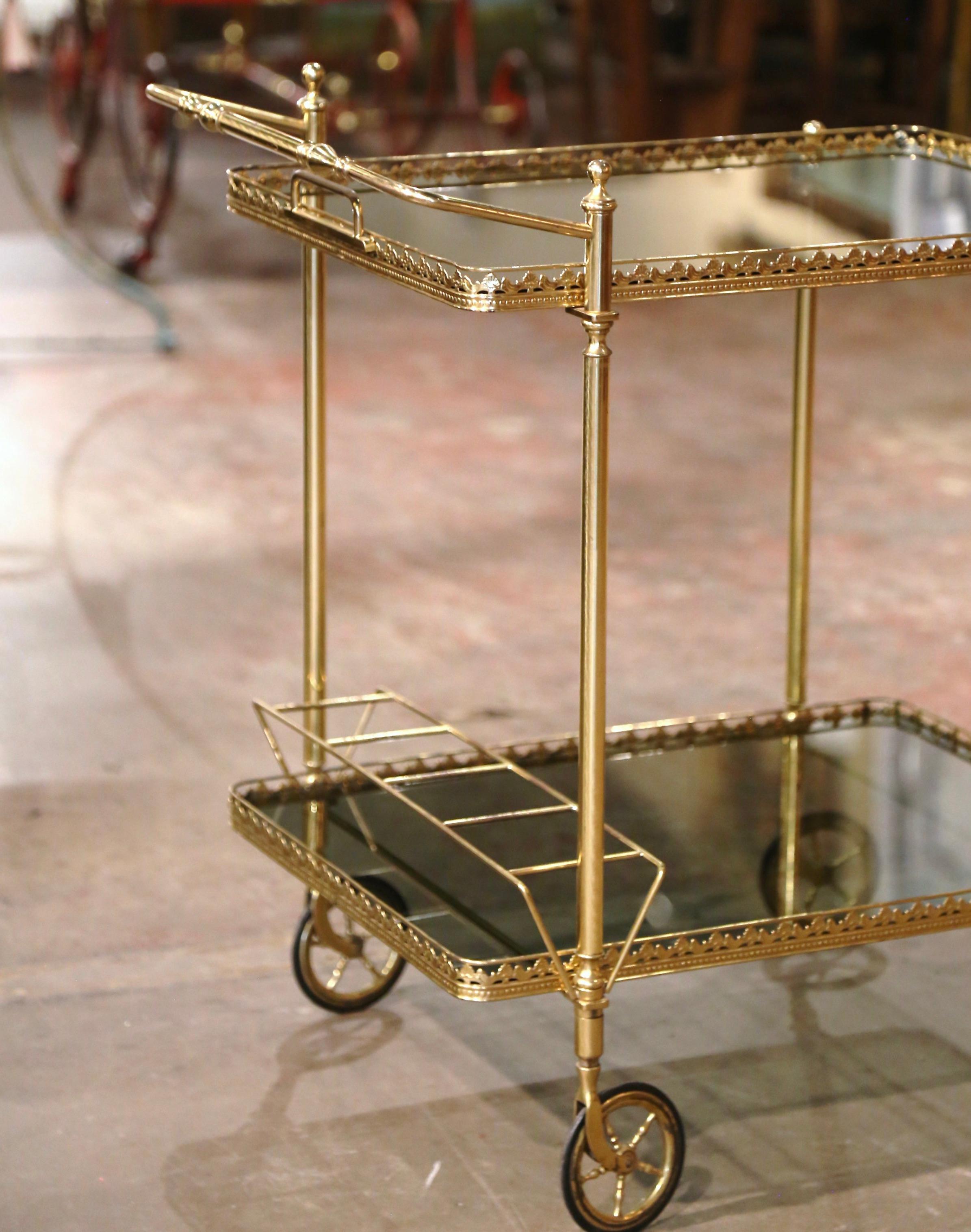 Mid-Century French Polished Brass Two-Tier Service Bar Cart on Wheels 5