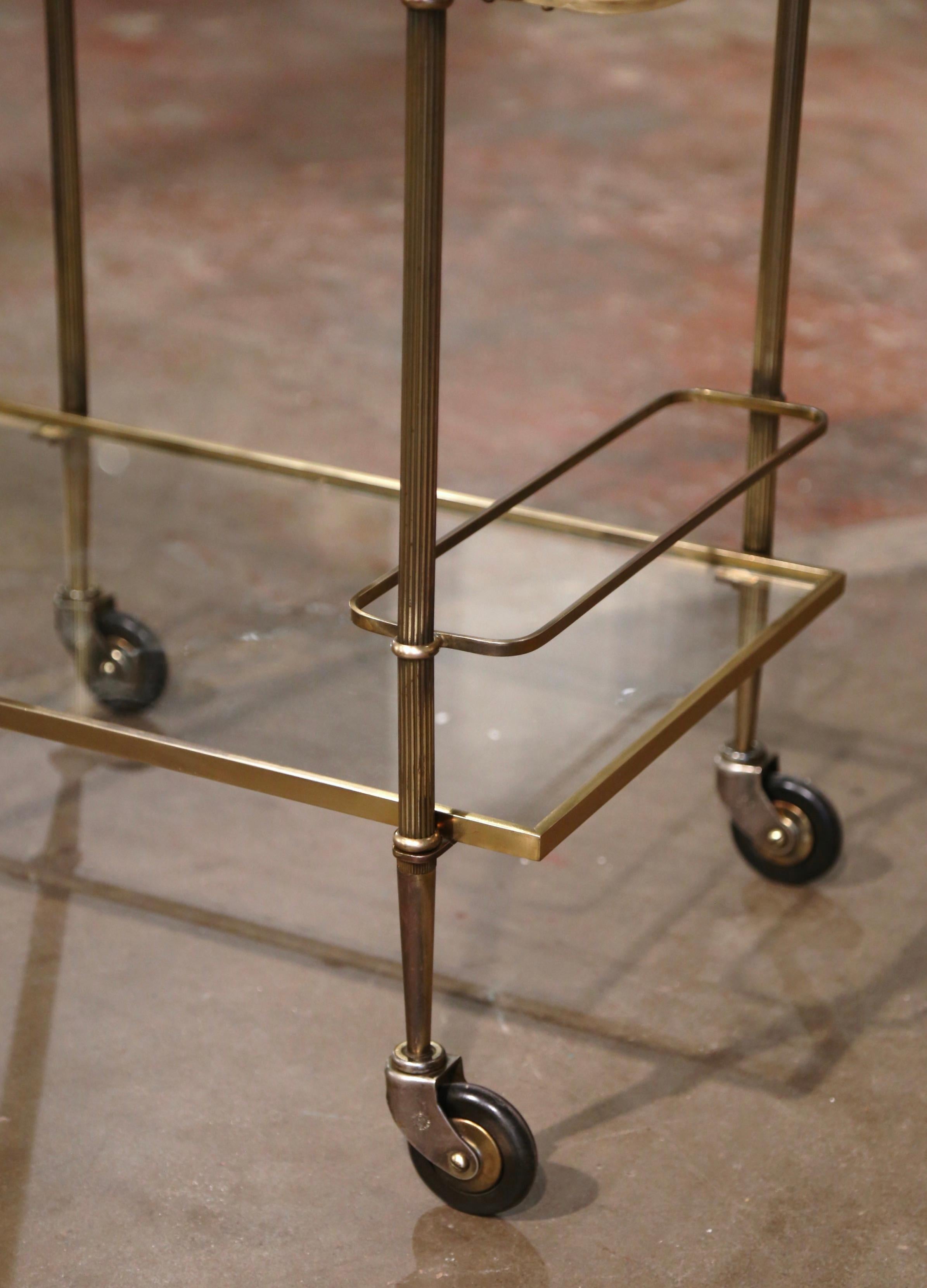 Mid-Century French Polished Brass Two-Tier Service Bar Cart on Wheels 4