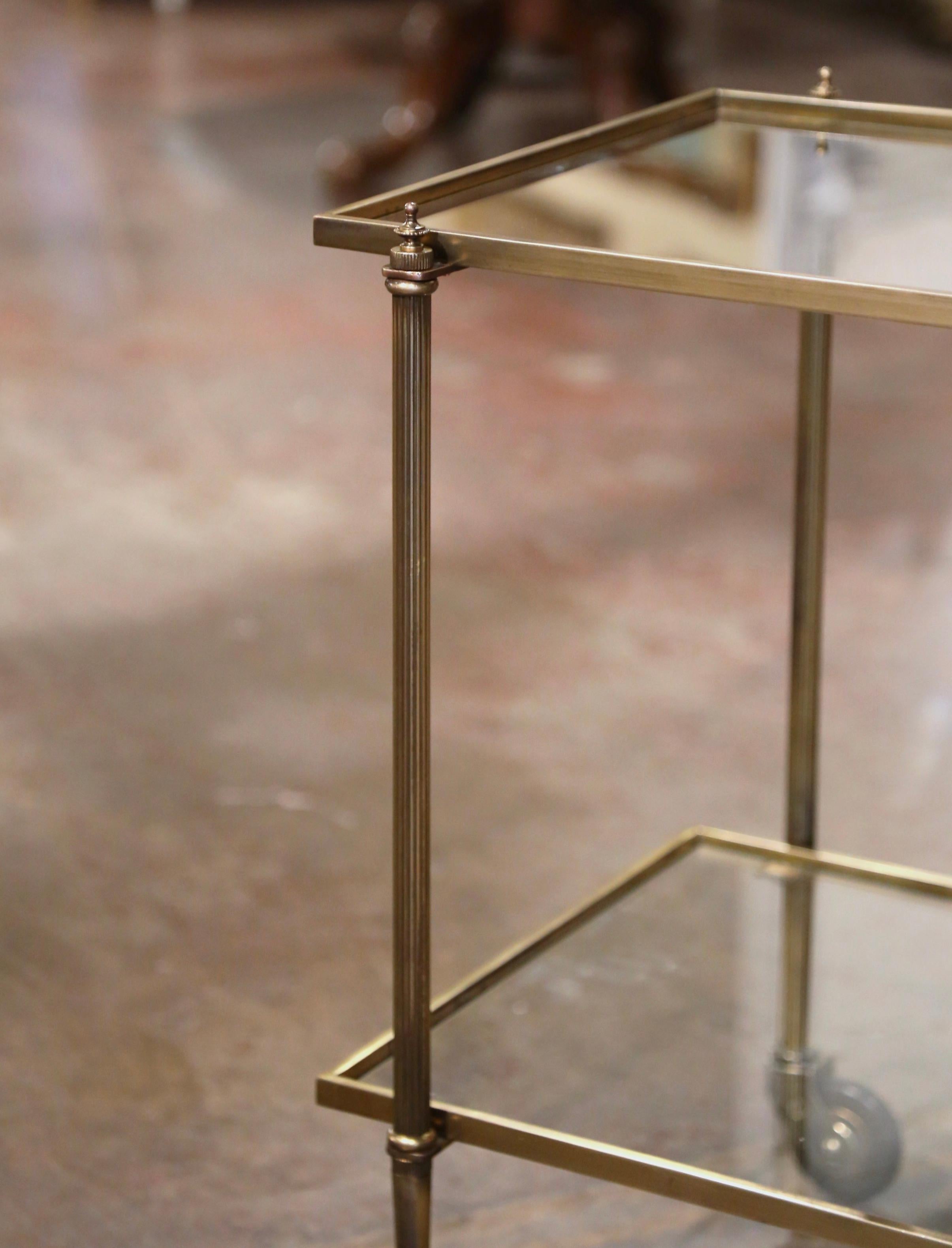 Mid-Century French Polished Brass Two-Tier Service Bar Cart on Wheels For Sale 5