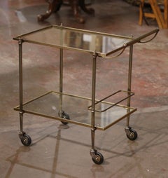 Mid-Century French Polished Brass Two-Tier Service Bar Cart on Wheels