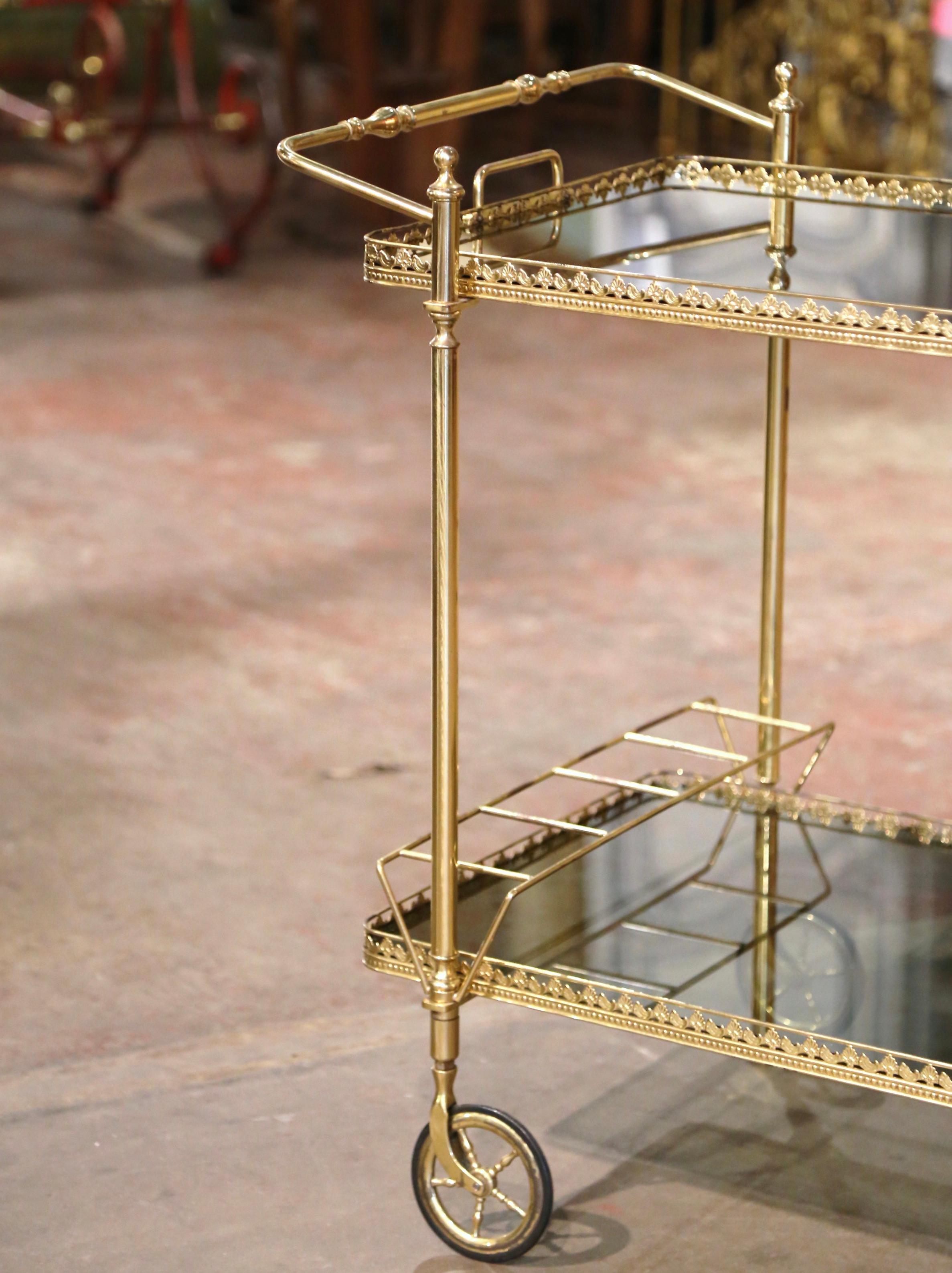 Art Deco Mid-Century French Polished Brass Two-Tier Service Bar Cart on Wheels