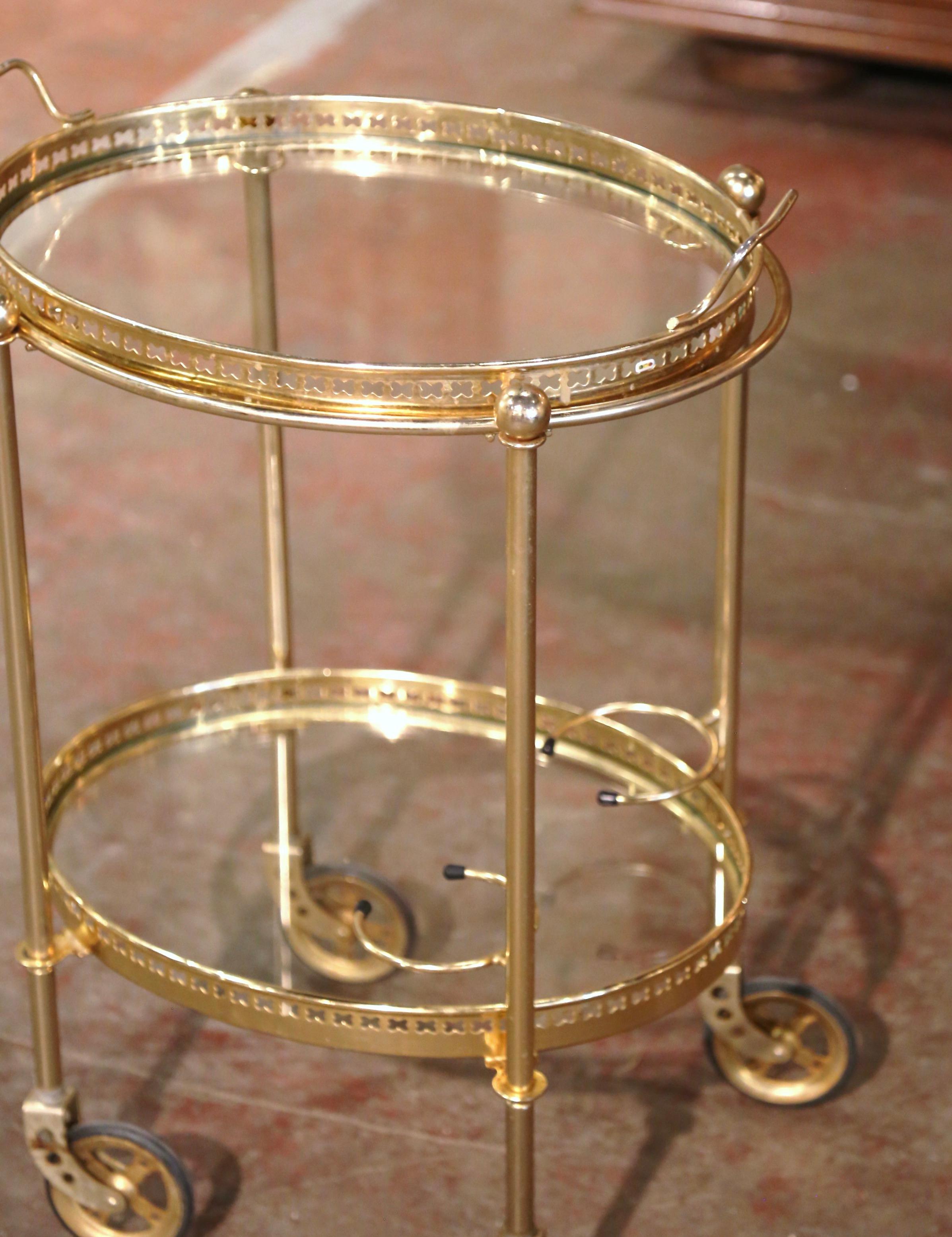 Art Deco Mid-Century French Polished Brass Two-Tier Service Bar Cart on Wheels
