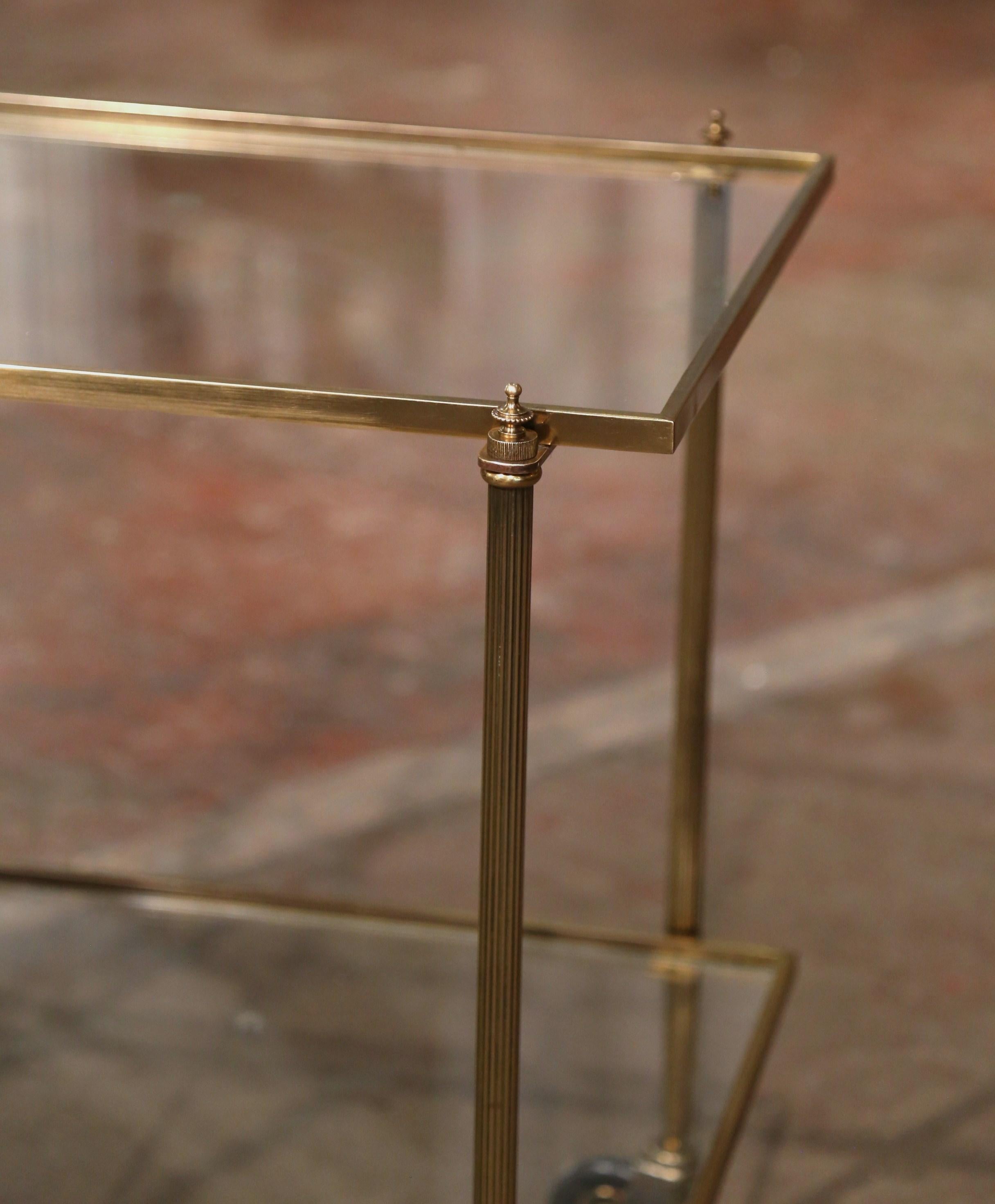Art Deco Mid-Century French Polished Brass Two-Tier Service Bar Cart on Wheels For Sale