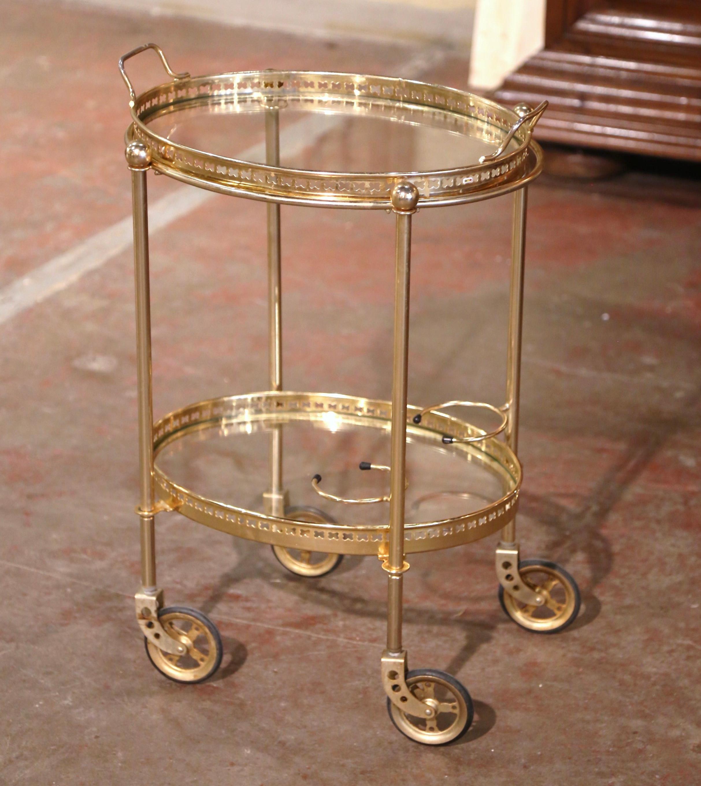 Hand-Crafted Mid-Century French Polished Brass Two-Tier Service Bar Cart on Wheels