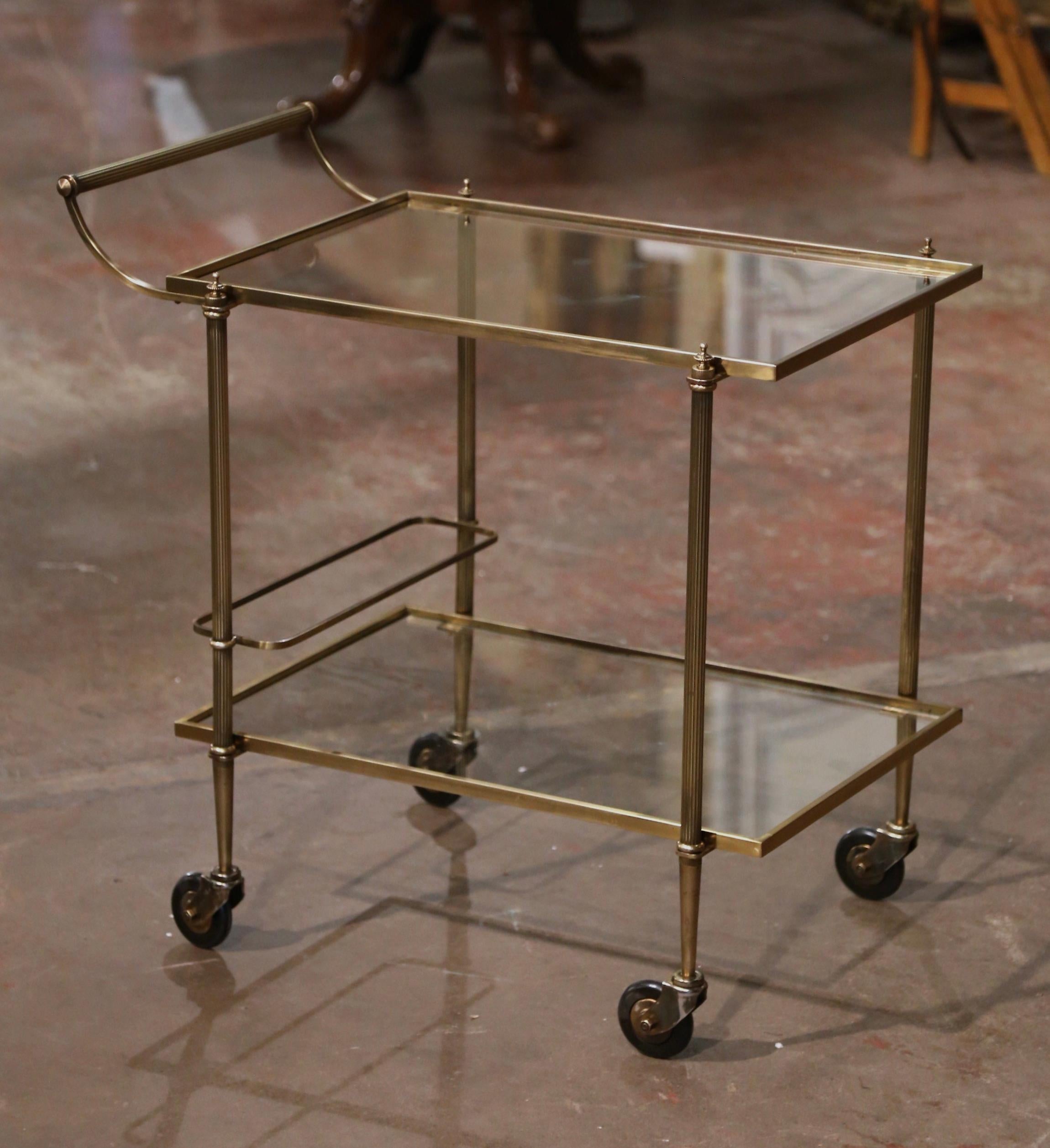 Hand-Crafted Mid-Century French Polished Brass Two-Tier Service Bar Cart on Wheels For Sale