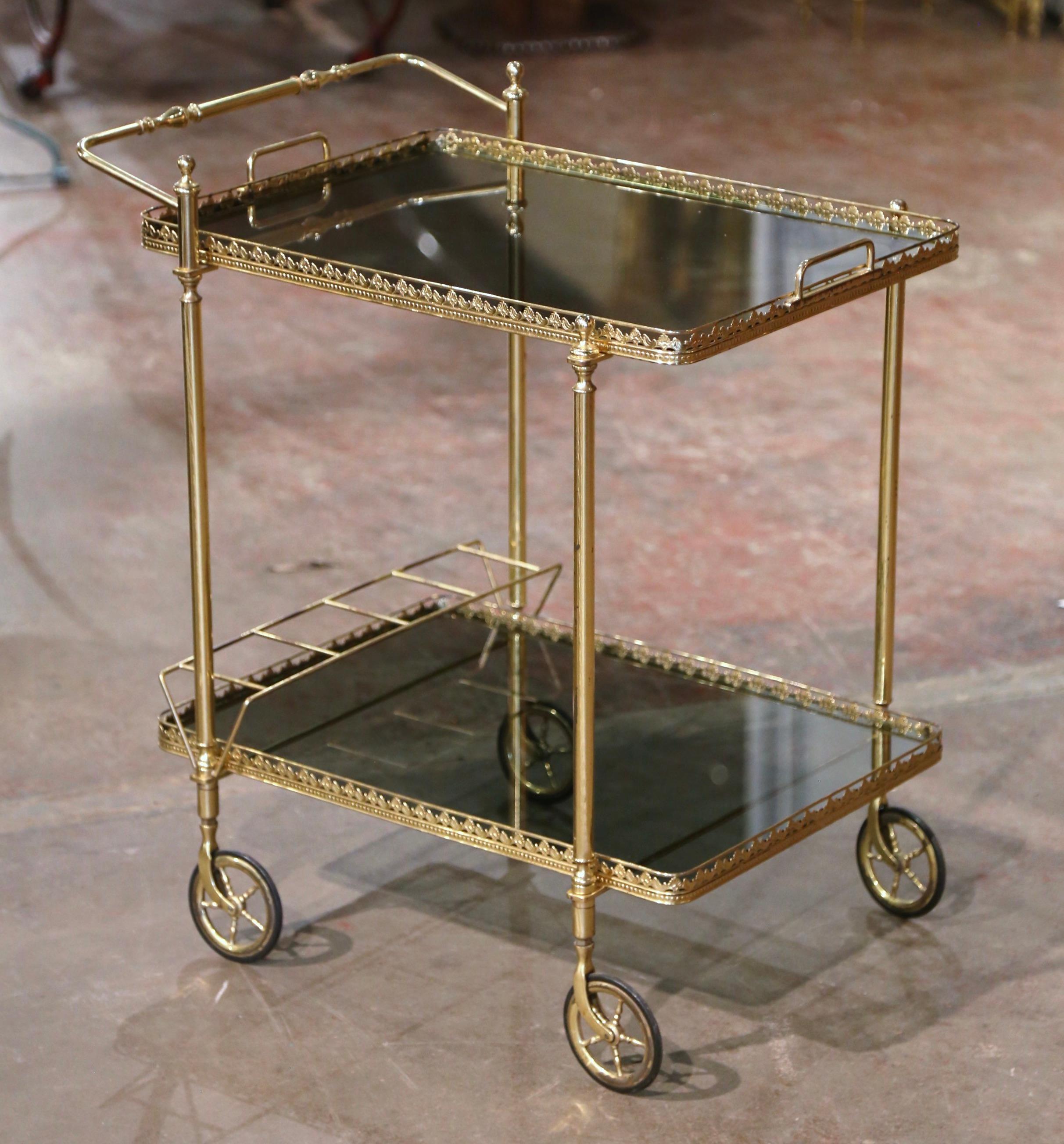 20th Century Mid-Century French Polished Brass Two-Tier Service Bar Cart on Wheels