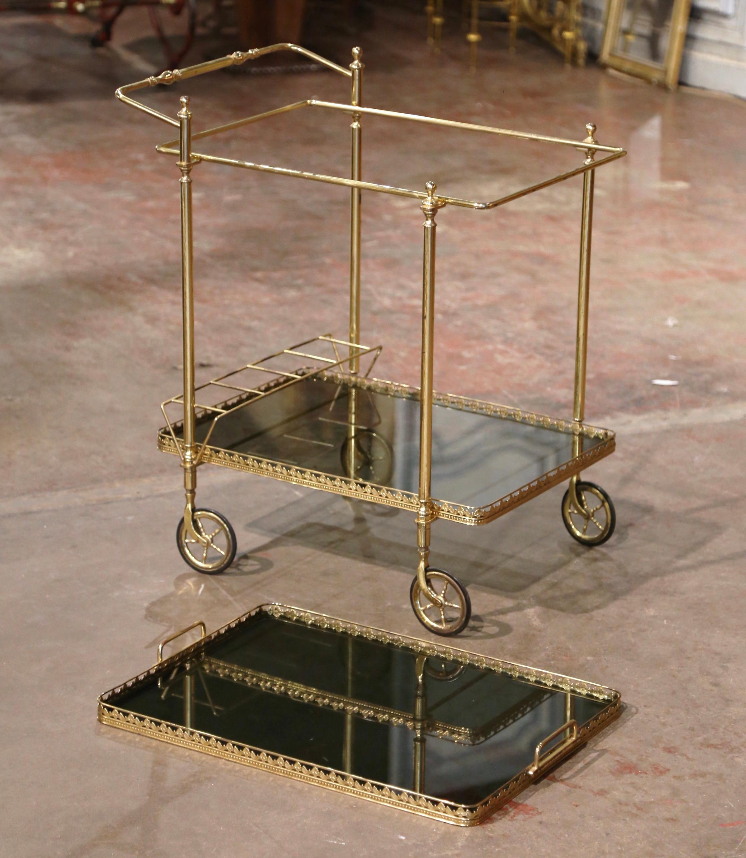 Mid-Century French Polished Brass Two-Tier Service Bar Cart on Wheels 1