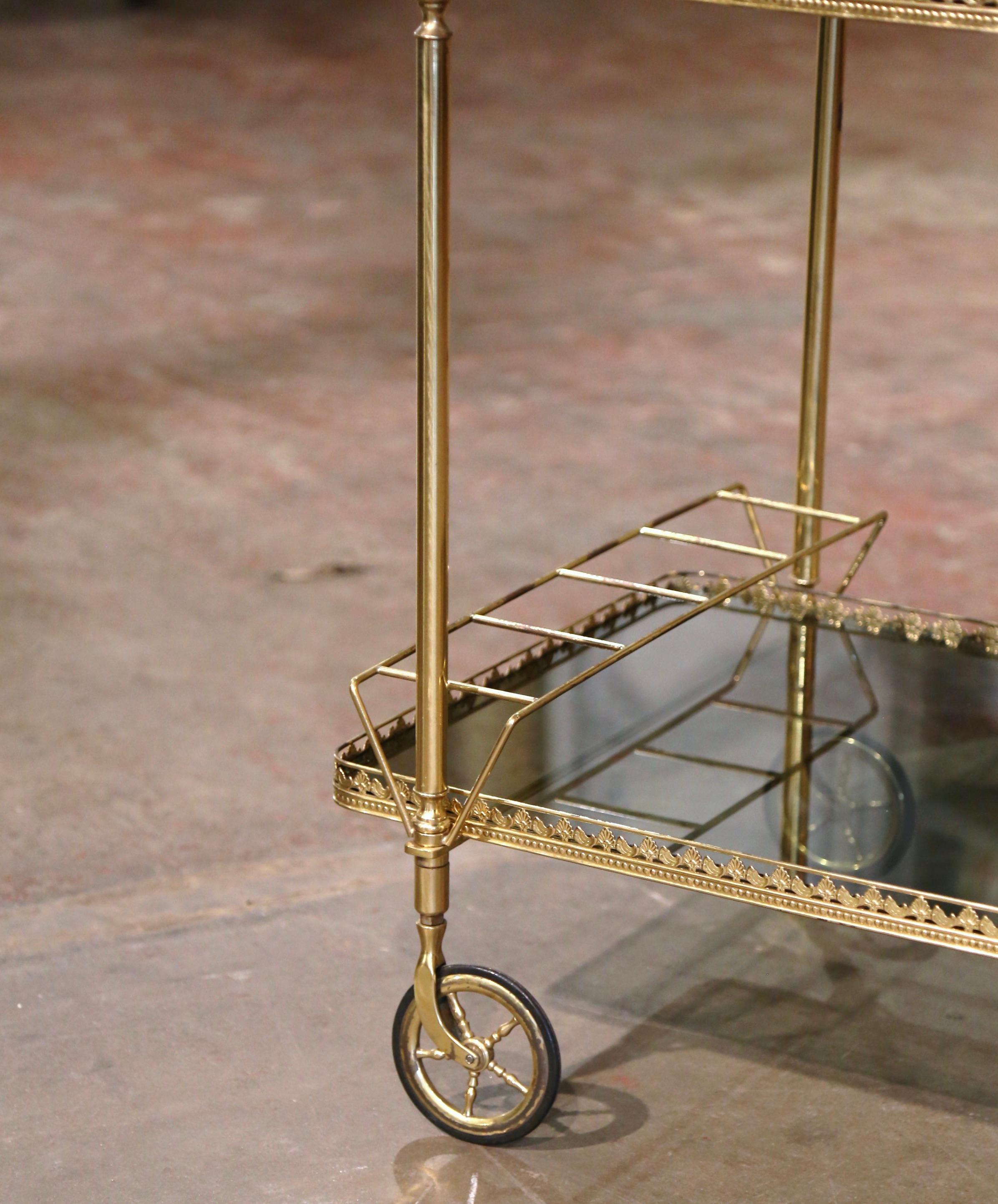 Mid-Century French Polished Brass Two-Tier Service Bar Cart on Wheels 2