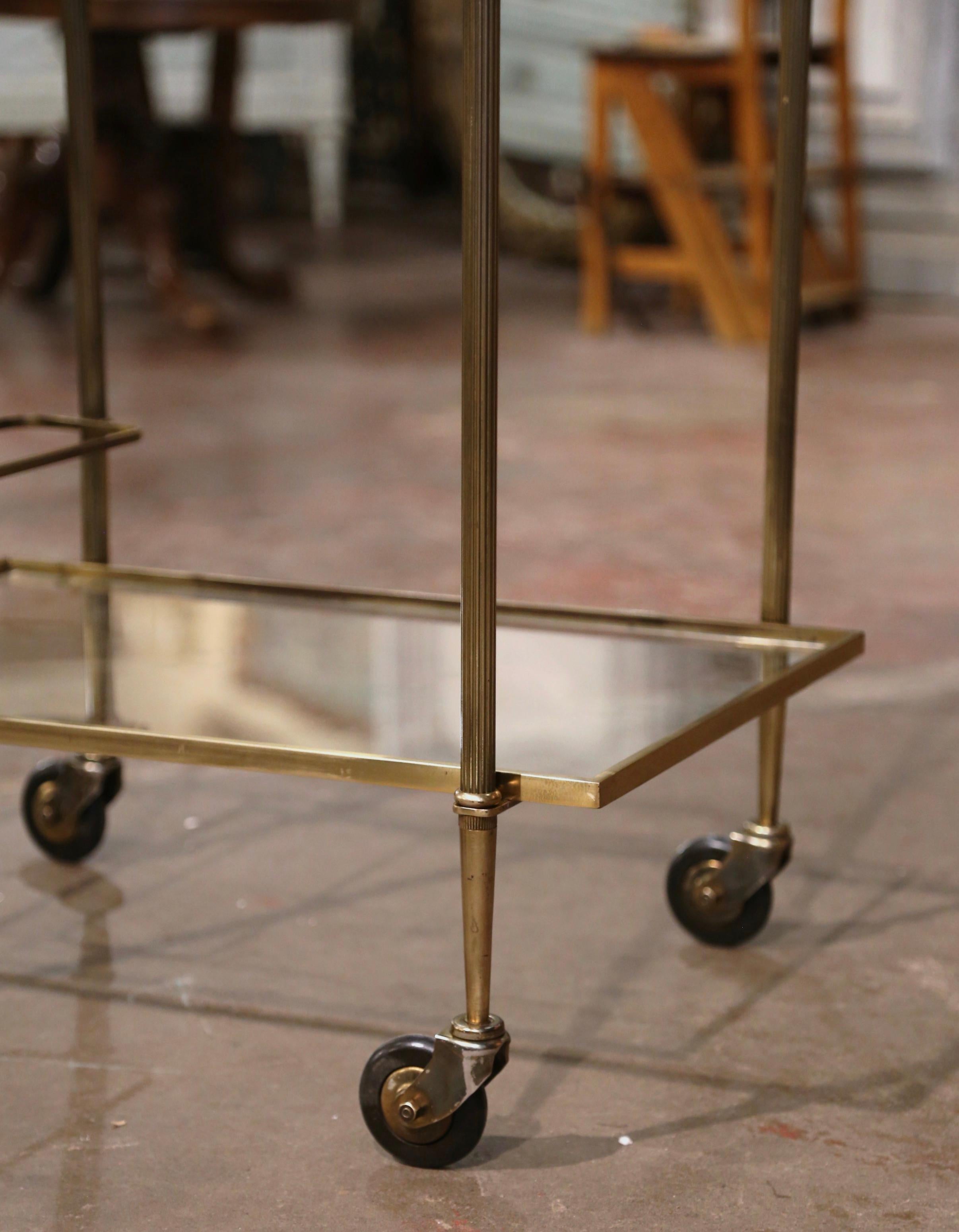 Mid-Century French Polished Brass Two-Tier Service Bar Cart on Wheels For Sale 1