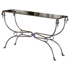 Mid-Century French Polished Iron Bronze and Glass Maison Jansen Console Table