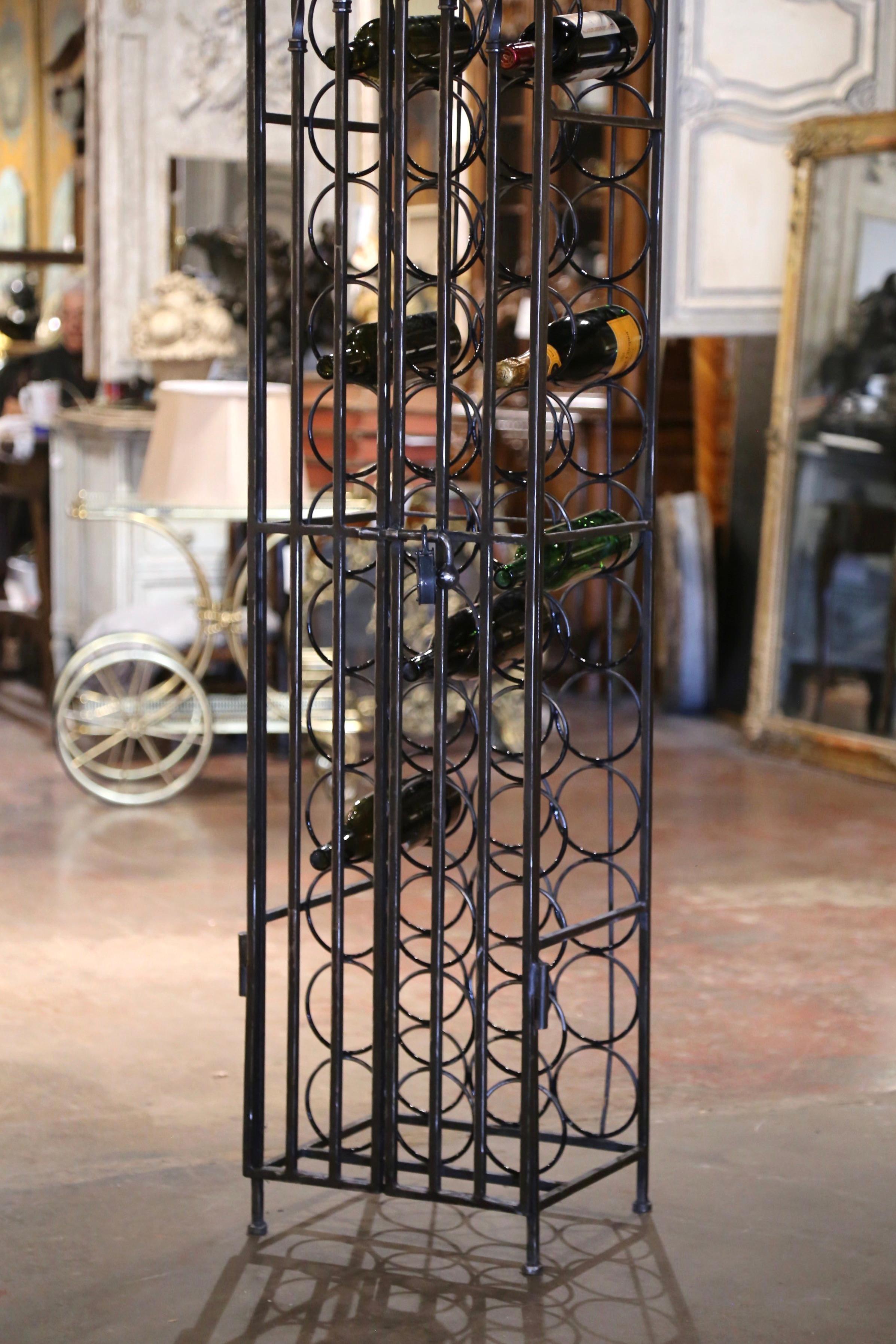 Forged Mid-Century French Polished Iron Forty Four Bottle Wine Cellar Rack Cage For Sale