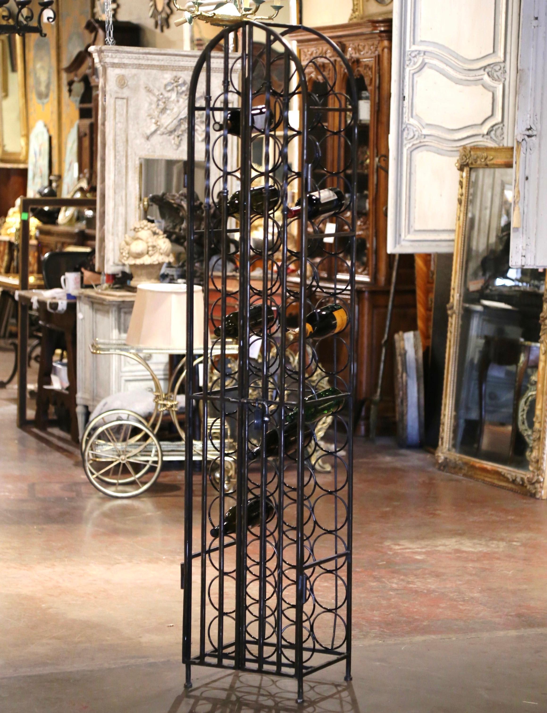 Mid-Century French Polished Iron Forty Four Bottle Wine Cellar Rack Cage In Excellent Condition For Sale In Dallas, TX