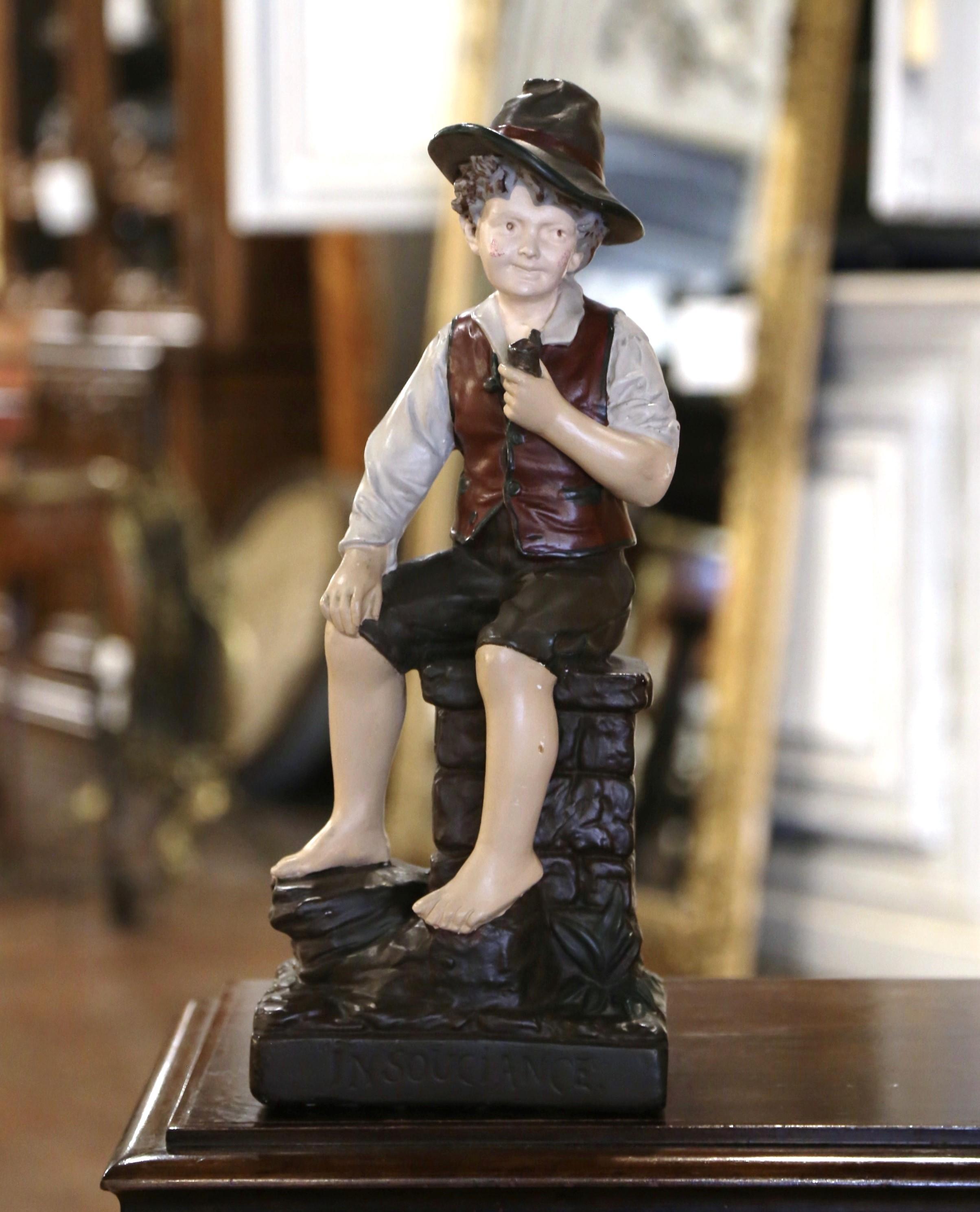 Fatto a mano Figurina di ragazzo in terracotta policroma francese della metà del secolo intitolata 