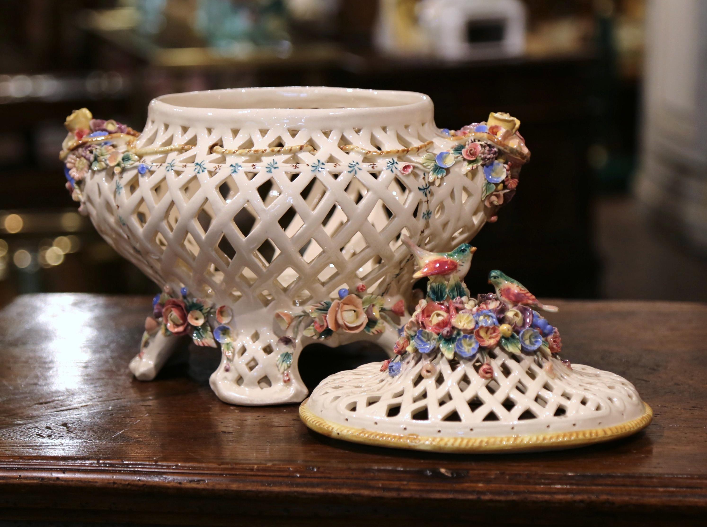 Midcentury French Porcelain Center Piece Tureen with Bird and Floral Decor In Excellent Condition In Dallas, TX