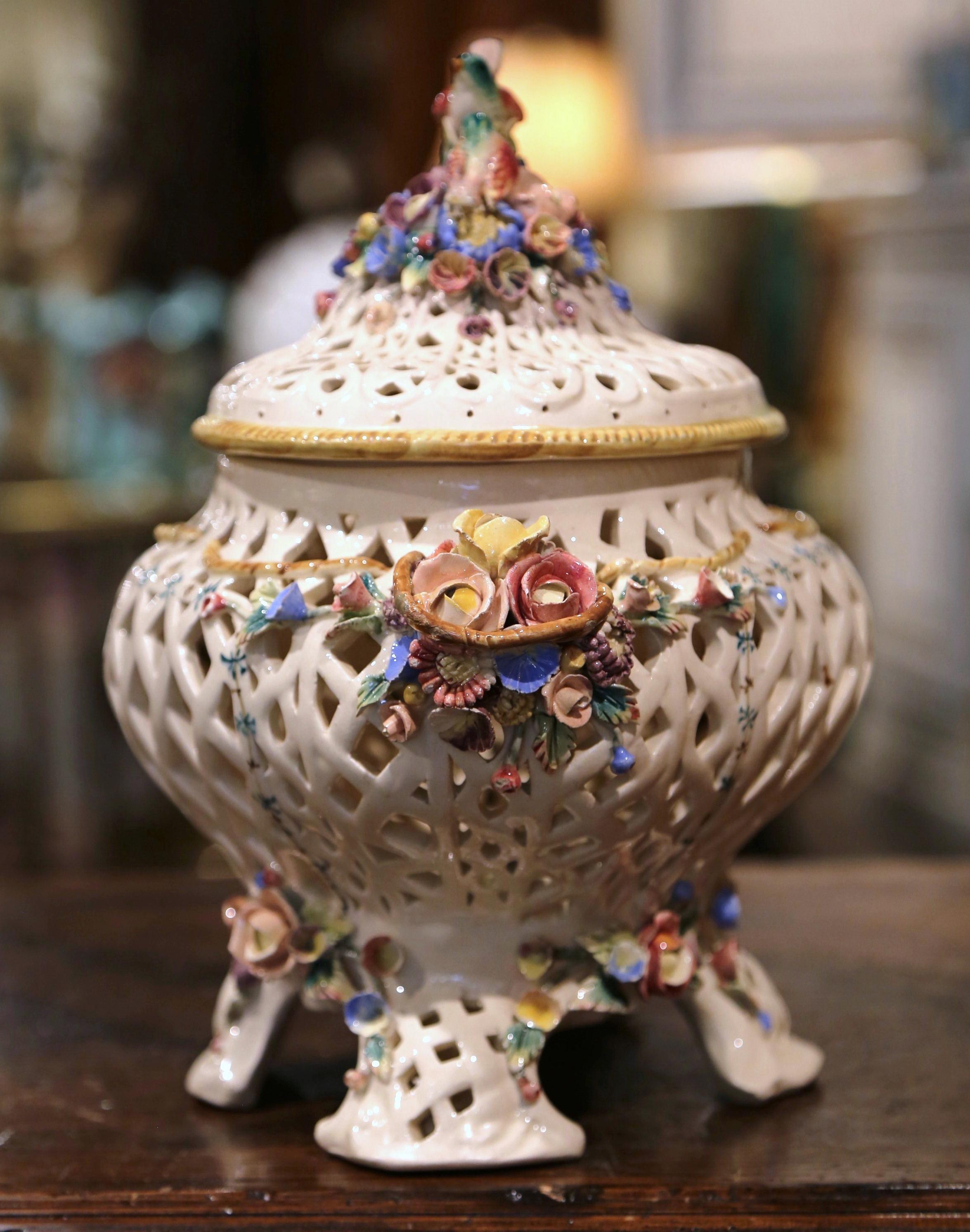 Majolica Midcentury French Porcelain Center Piece Tureen with Bird and Floral Decor