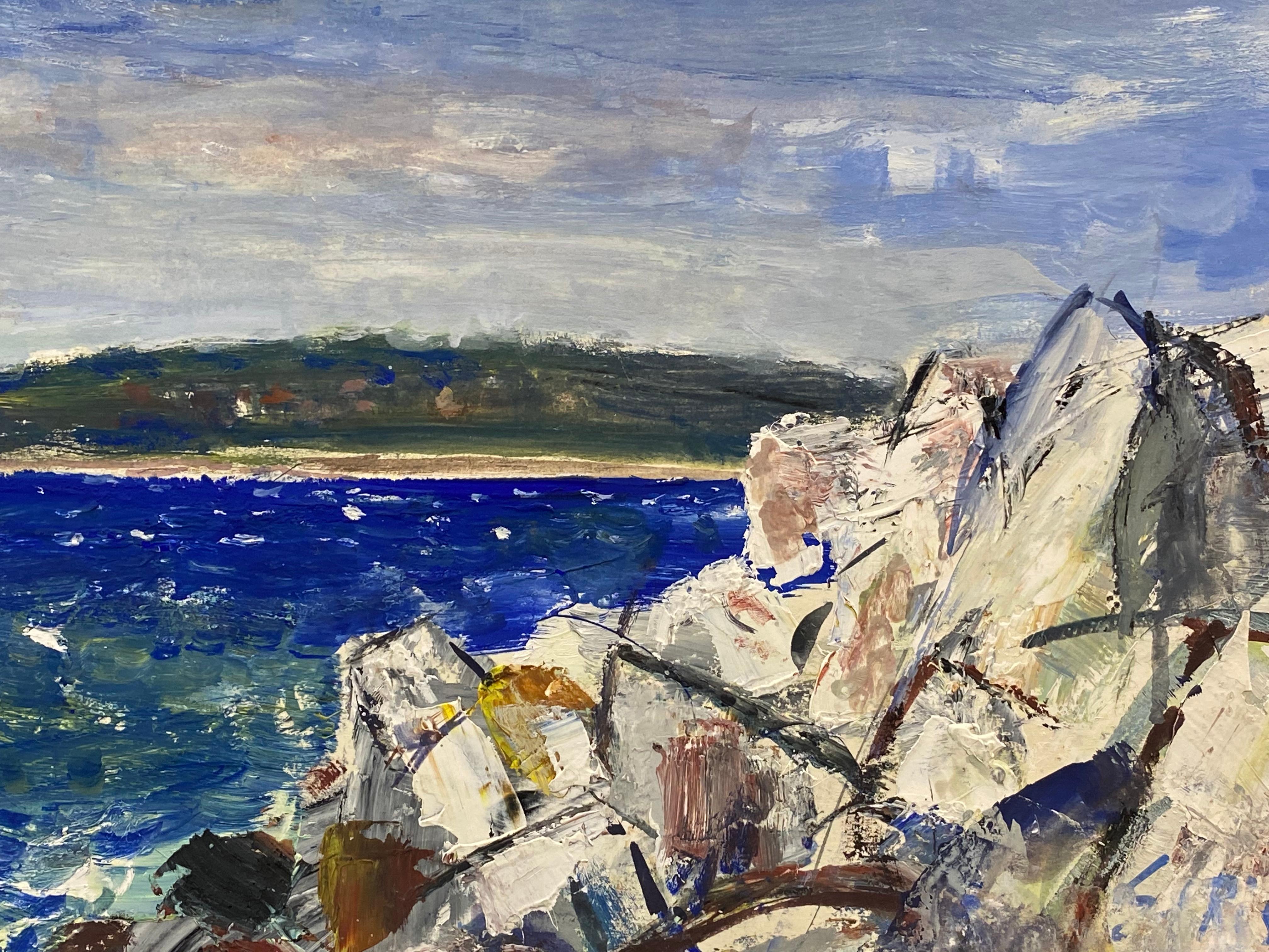 19th Century Mid-Century French Post-Impressionist Painting, French Sea over Rocks For Sale