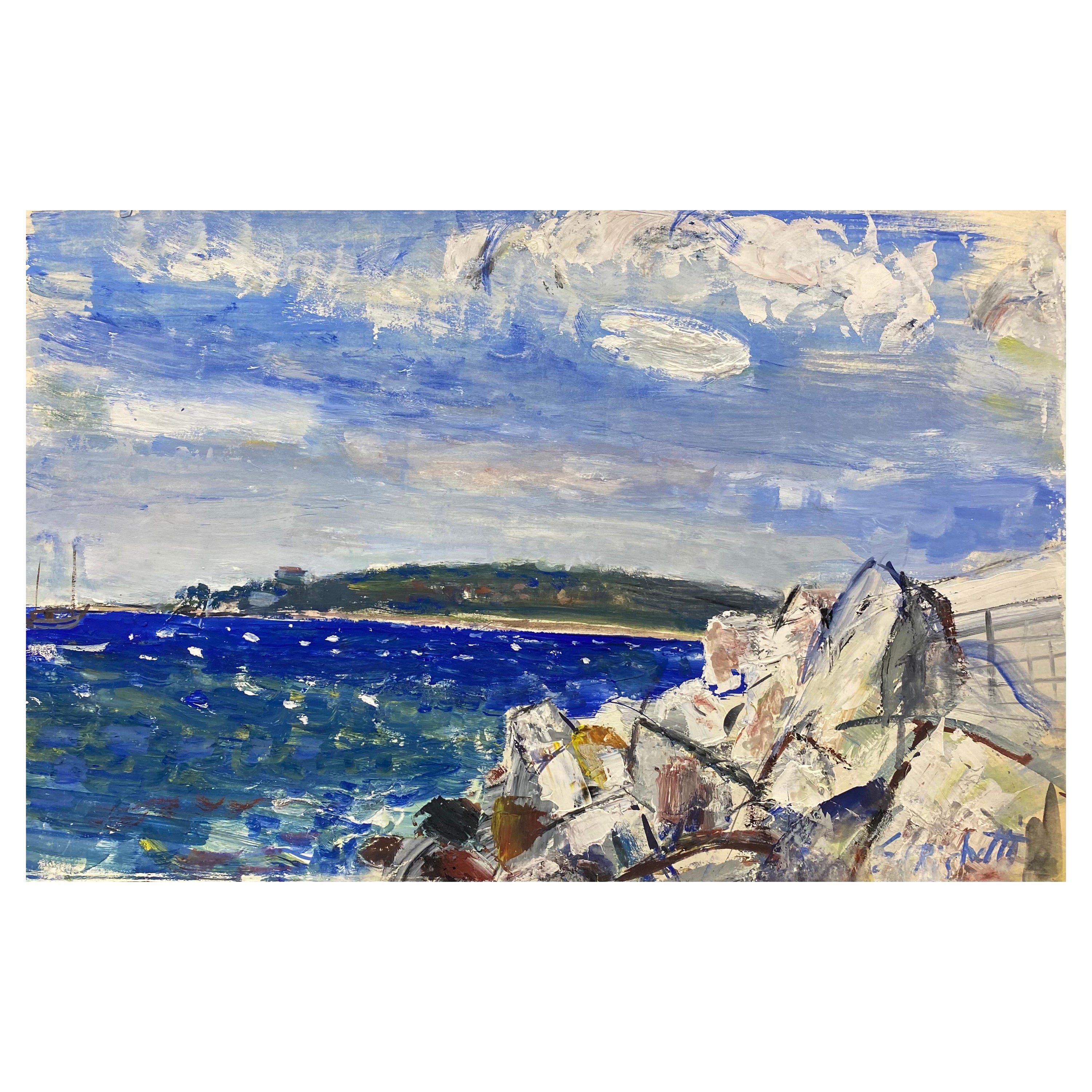 Französisches postimpressionistisches Gemälde aus der Mitte des Jahrhunderts, Französisches Meer über Felsen im Angebot
