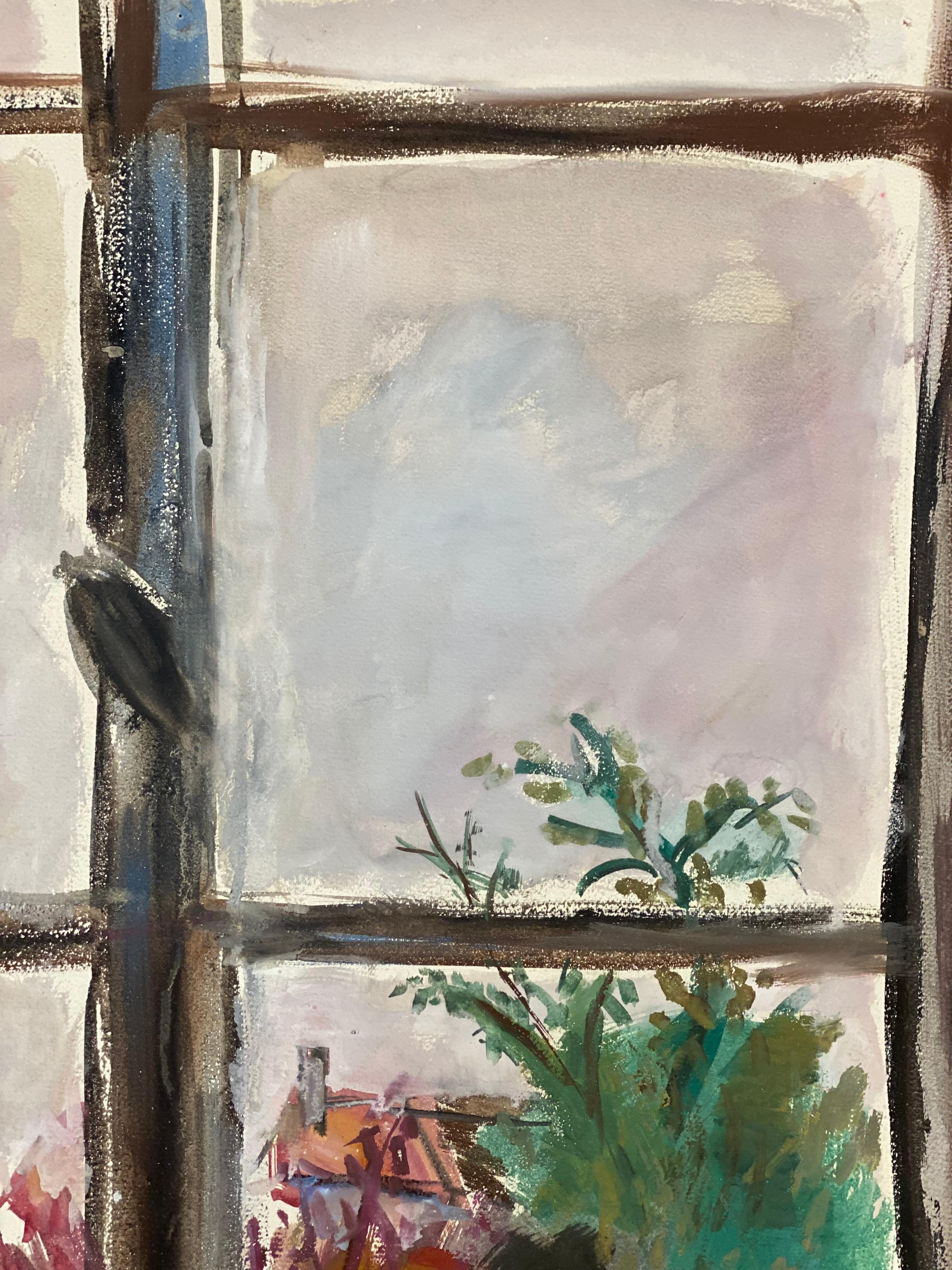Französisches postimpressionistisches Gemälde, Sonnenaufgang durch Fenster, Mitte des Jahrhunderts im Angebot 2